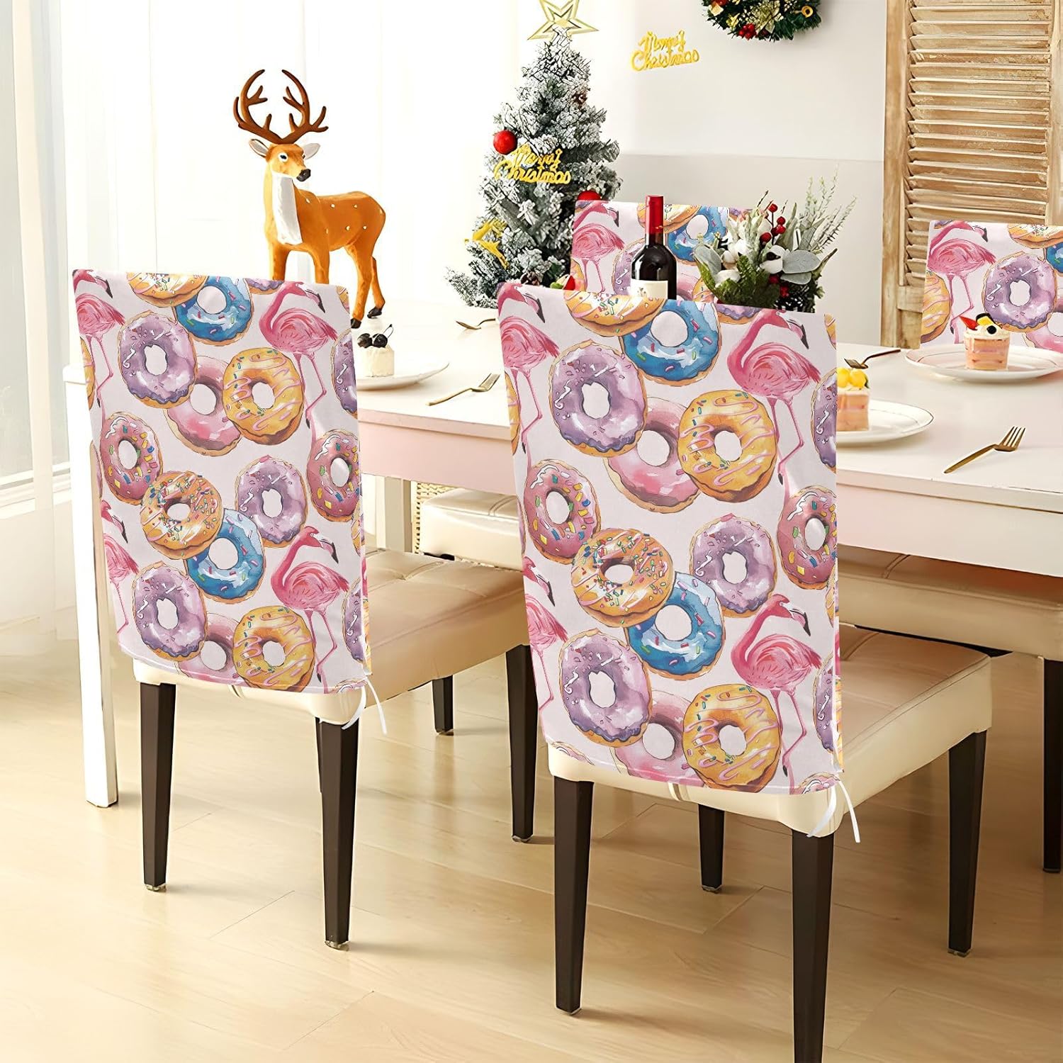 ALAZA Flamingo Cute Donuts Chair Back Cover Set of 6, Washable Reusable Removable Chair Slipcovers Decorative Chair Cover for Home Kitchen Wedding Party
