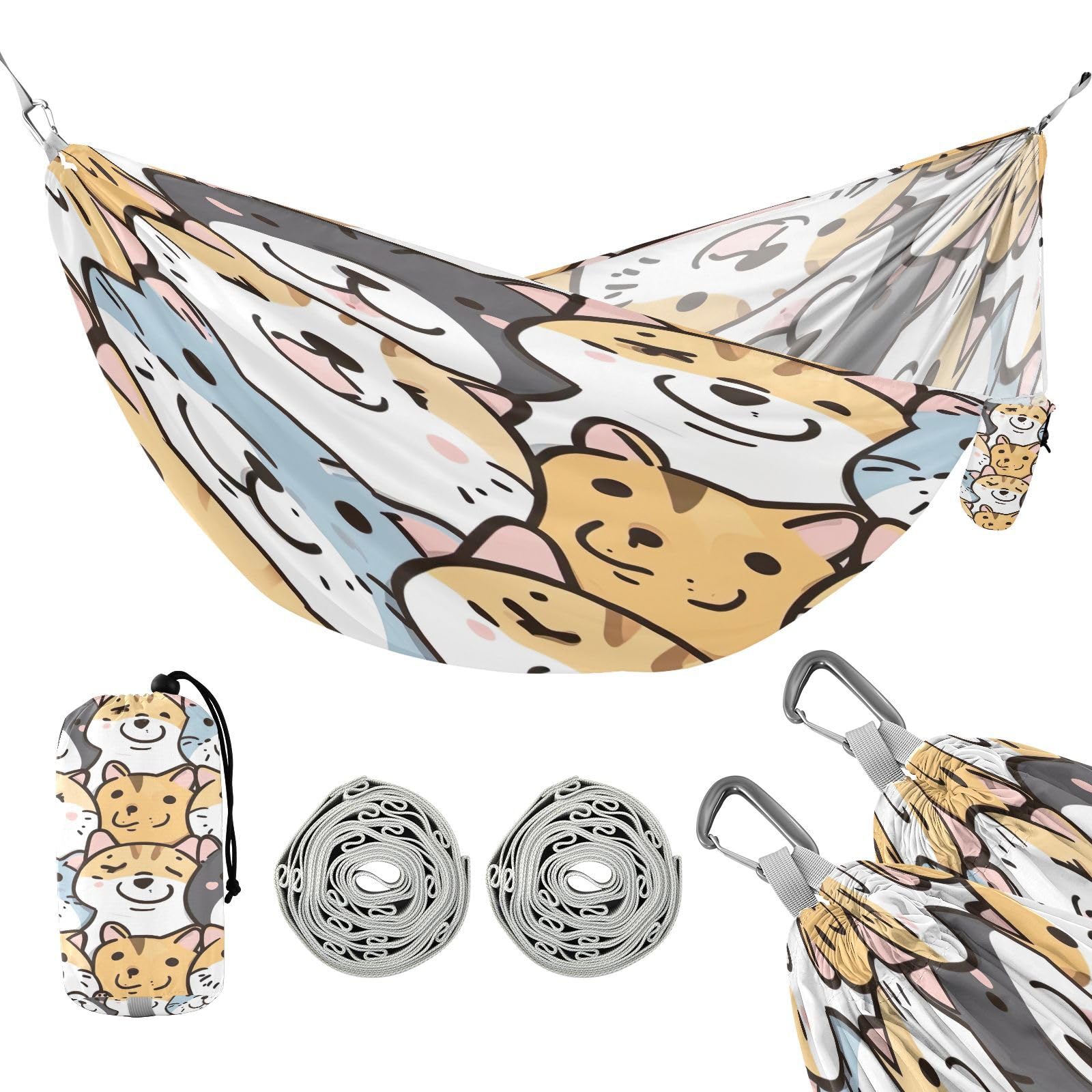 ATTX Cartoon Dogs Cats Camping Hammock - Lightweight & Portable Hammocks, Heavy Duty 330lbs Capacity for Indoor, Hiking, Backpacking, Travel, Backyard, Beach#427