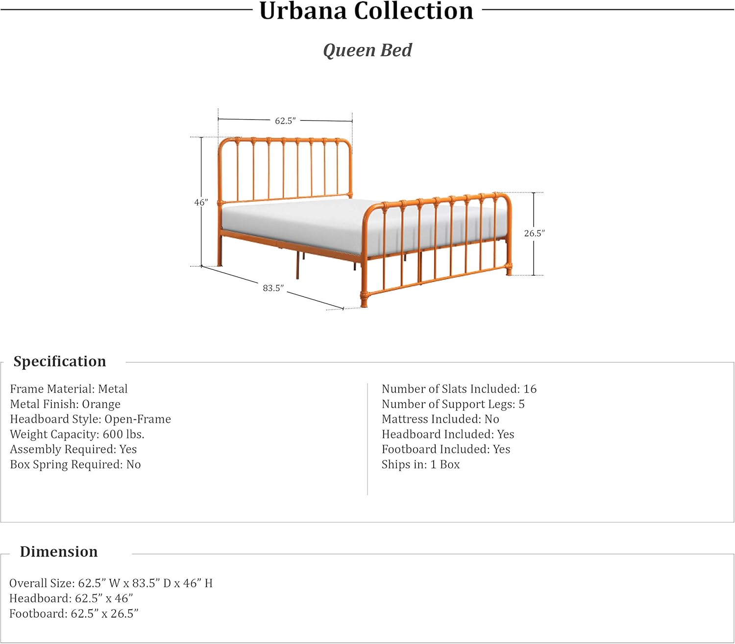 Lexicon Queen Metal Bed Frame, Platform Bed with Strong Metal Slat Support Under Bed Storage, Queen Bed Frame with Headboard, No Box Spring Needed, Easy Assembly, Queen, Orange