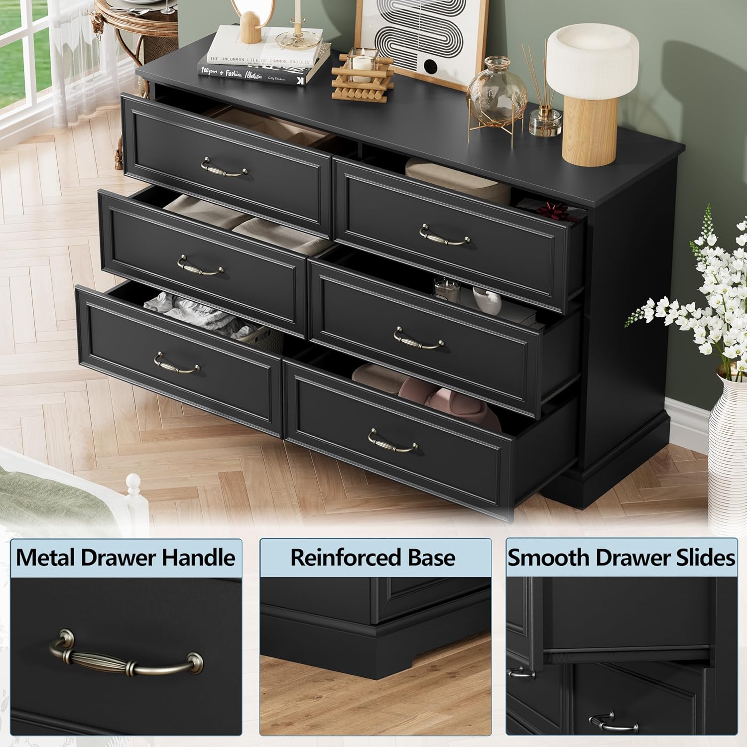 Close-up images highlighting the metal drawer handles, reinforced base, and smooth drawer slides