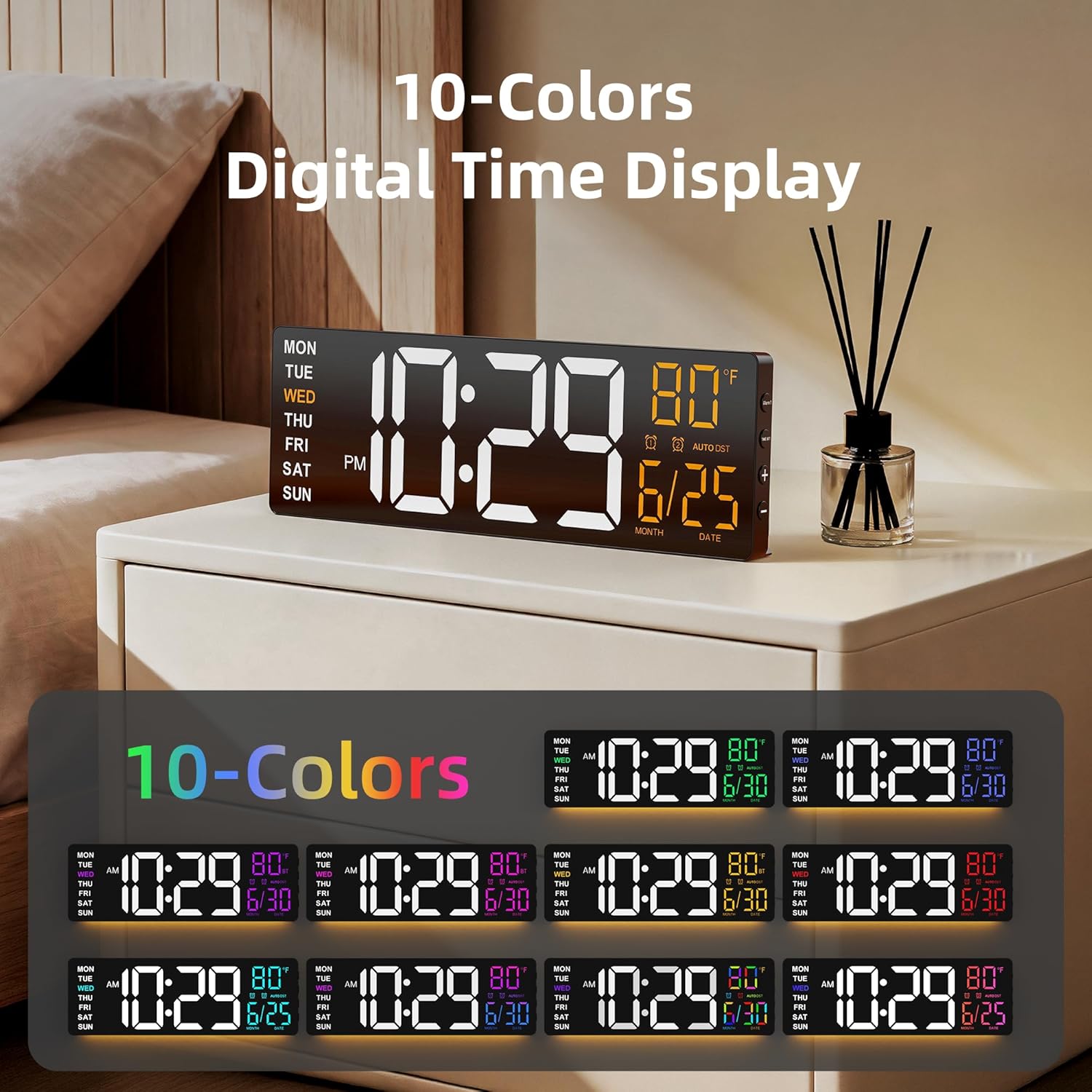 16.5" Large Digital Wall Clock with Anti-Glare Display, RGB Lights with 10 Scenes Mode Remote Control, Adjustable Brightness, Dual Alarms, Auto DST, BT Sync, Temperature for Living Room