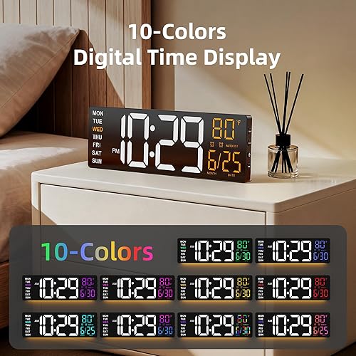 Miniatura 5 de Reloj de pared digital grande de 16.5 pulgadas con pantalla antirreflejo, luces RGB con control remoto de 10 escenas, brillo ajustable, alarma dual