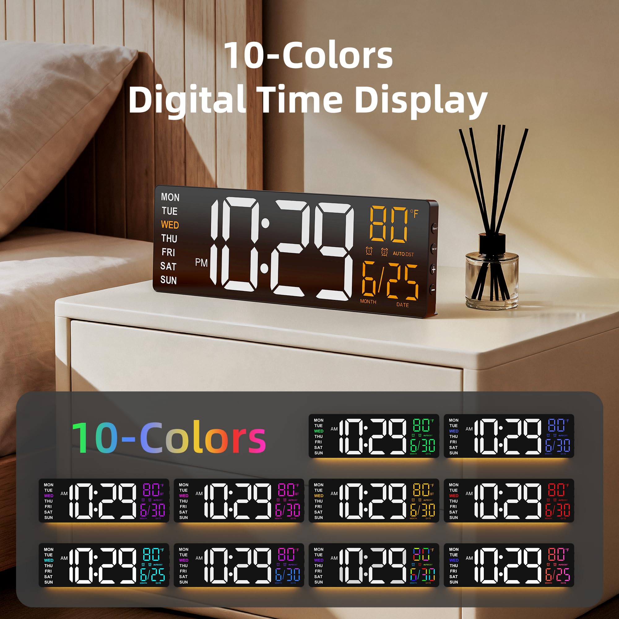 EASYERA Grande horloge murale numérique de 41,9 cm avec écran anti-reflets, lumières RVB avec télécommande 10 scènes, luminosité réglable, double alarme, DST automatique, synchronisation BT