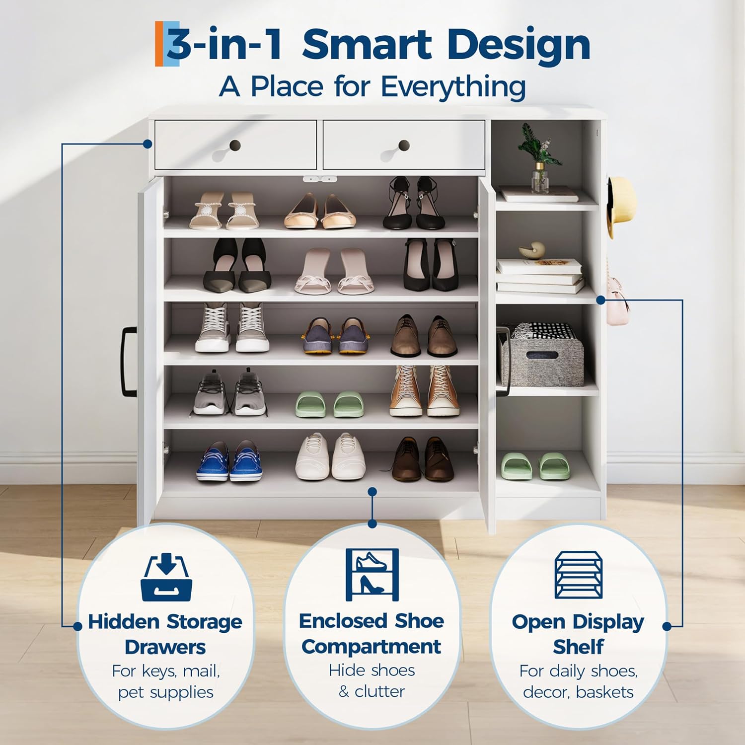 GarveeHome Shoe Storage Cabinet, Modern Farmhouse Shoe Rack Organizer with 6 Adjustable Shelves & 2 Drawers, Freestanding Entryway Cabinet for Living Room, Mudroom, Hallway, White