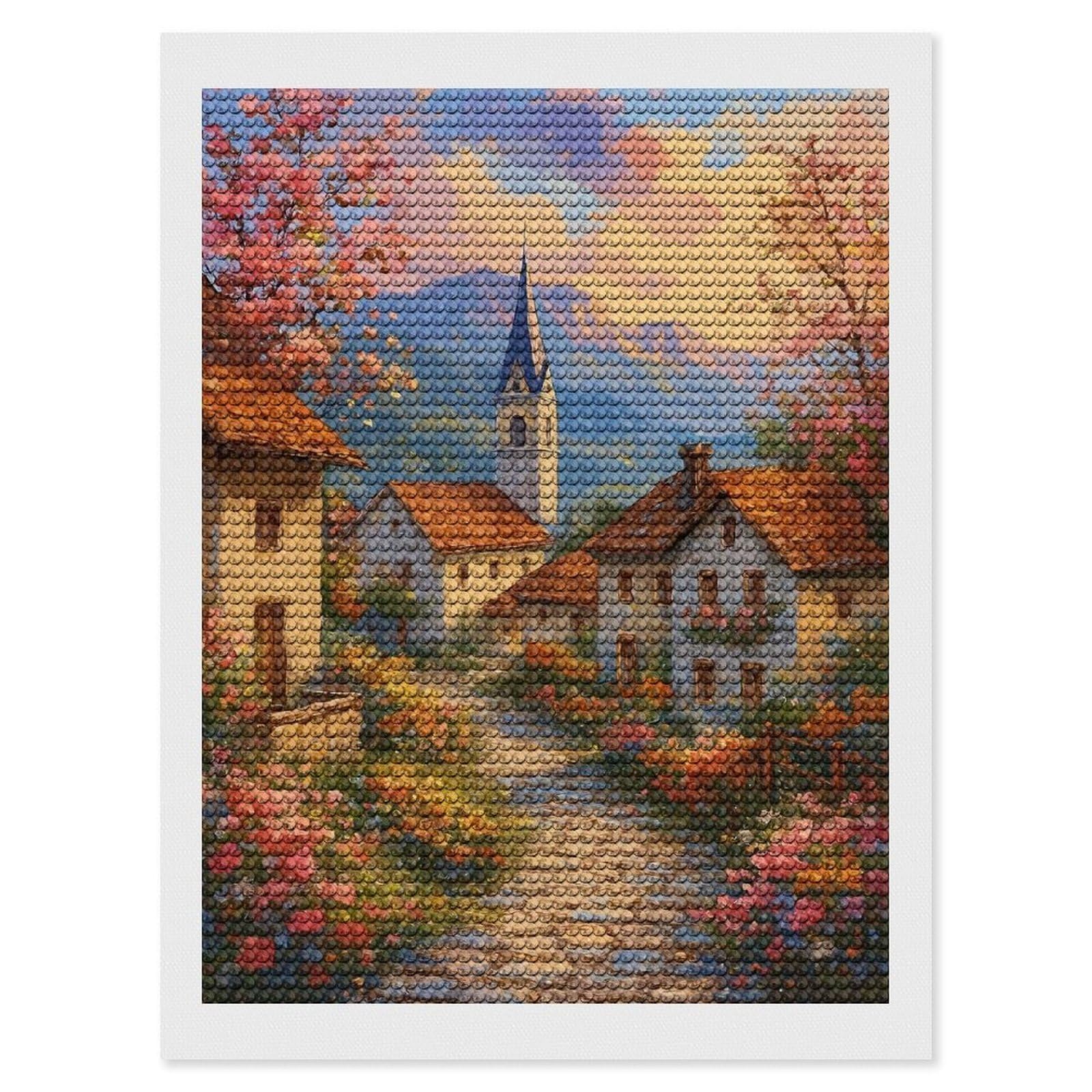 Junmoney Idyllic Village Scene with Flowers Diamond Art Kit 12"x16", Relaxing DIY Hobby, Satisfying Creative Project, Living Room Decor, for Women