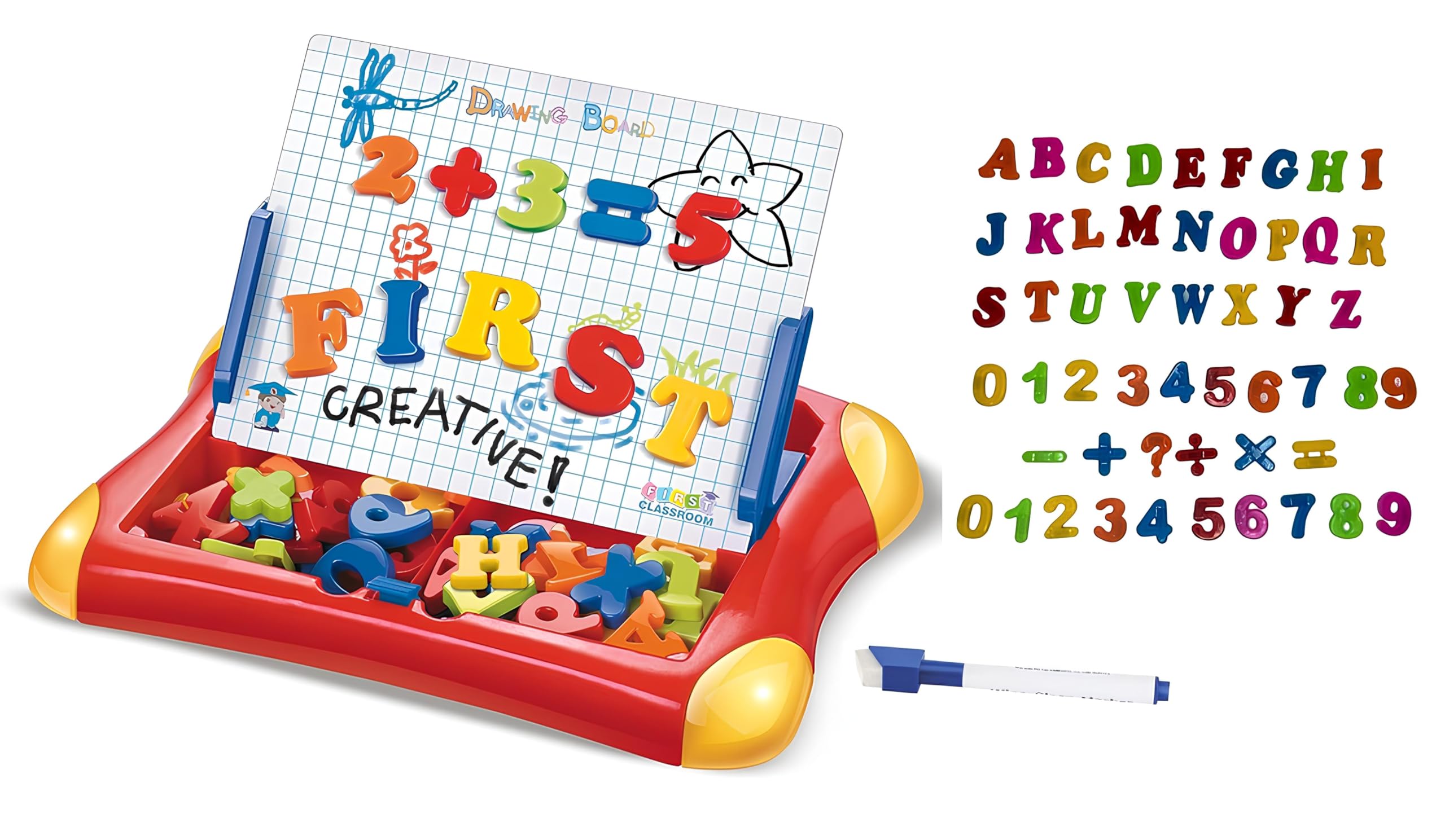 Children's Magnetic Whiteboard and 2-in-1 Drawing Board for Markers with Marker Pens Letters Magnetic Numbers 26 Letters 20 Numbers 6 Symbols Erasable Whiteboard with Eraser Game and School