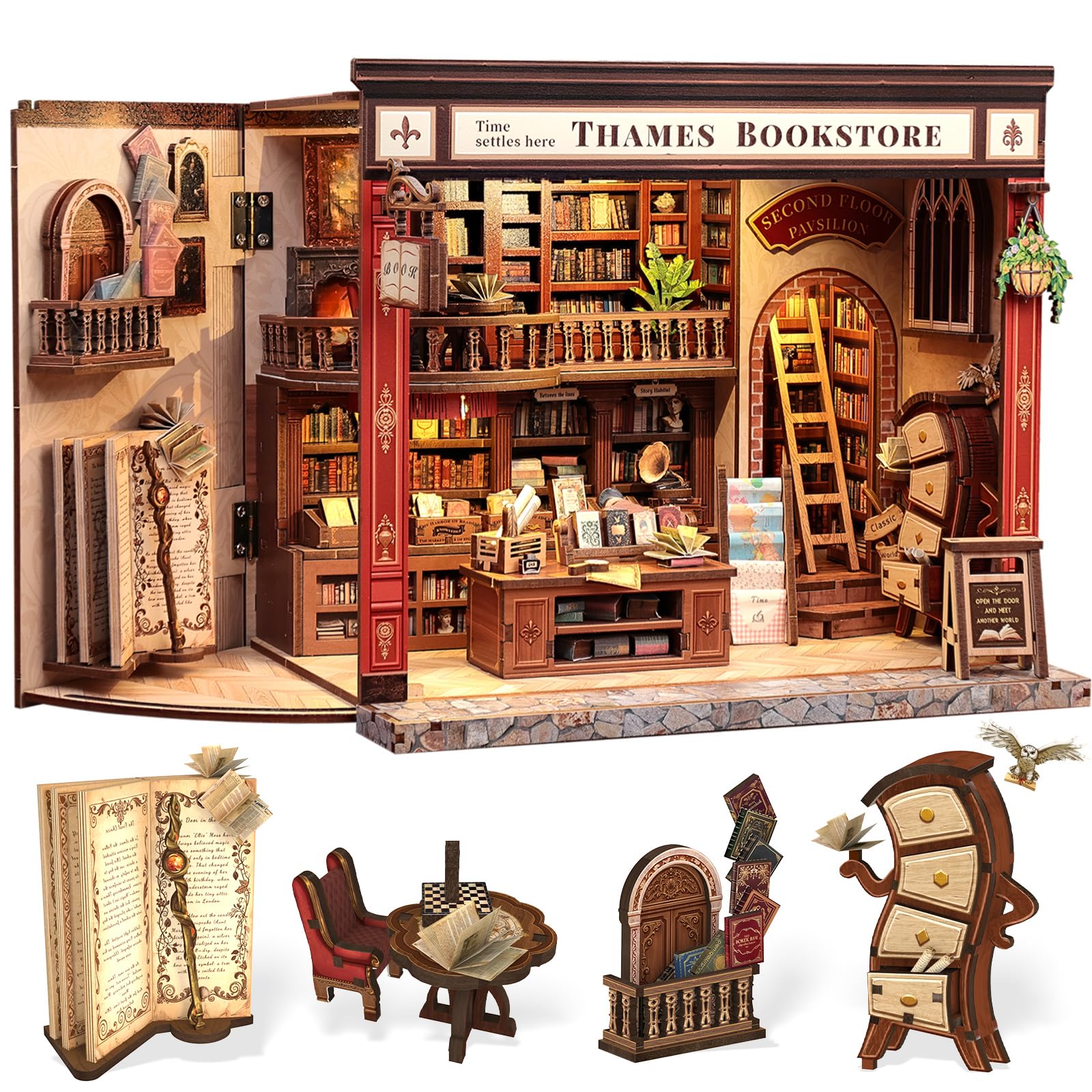 CUTEBEE Book Nook Kit – Casa delle bambole per adulti, incantevole libreria britannica, casa in miniatura con illuminazione a LED, decorazione per libreria, regalo unico per gli amanti dei libri