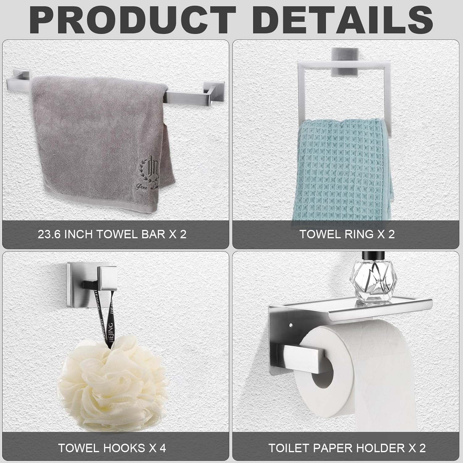Blulu Bathroom Accessories Set 23.6 Inch Toilet Paper Holder with Phone Shelf Bathroom Hardware Set Towel Ring Robe Hook Stainless Steel Towel Holder Kit Wall Mounted(Silver,10 Pcs)