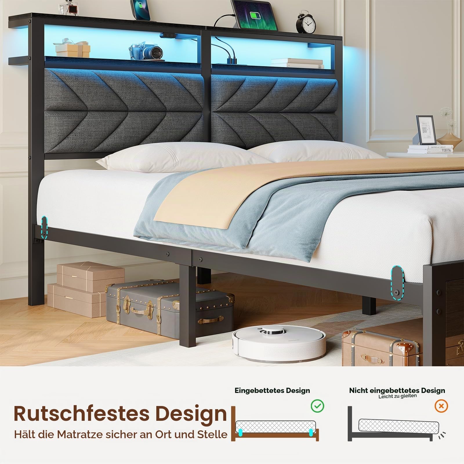 Seventable Bett 140x200 mit LED, Ladestation (2 USB-Anschlüsse & 1 Typ-C-Anschluss), Metallbett mit Gepolstertem Kopfteil & Stauraum, Doppelbett für Schlafzimmer