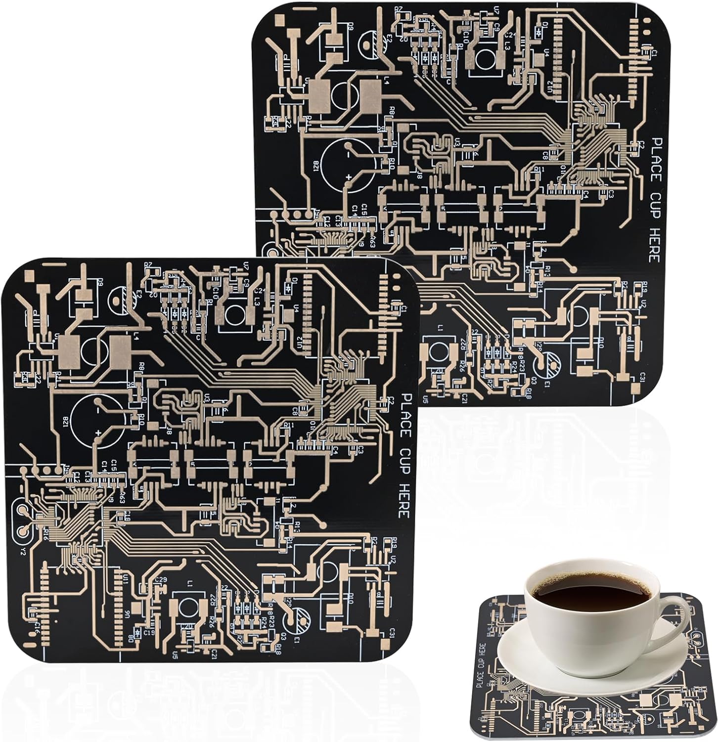 2 PCS Circuit Board Coasters PCB Coasters Immersion Gold Circuit Board Coasters for Men Funny Drink Coasters for Party Bar Office Geek Men Nerd Engineer Gifts (Black)