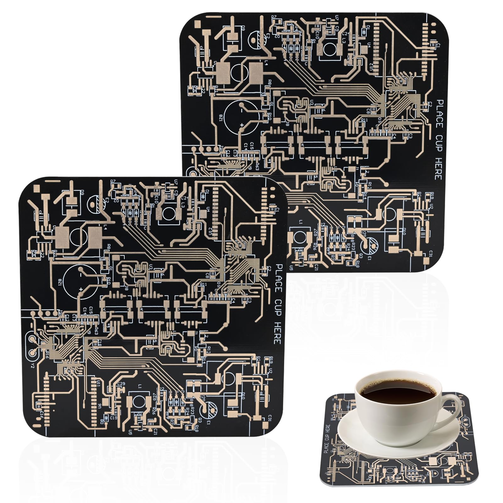 2 PCS Circuit Board Coasters PCB Coasters Immersion Gold Circuit Board Coasters for Men Funny Drink Coasters for Party Bar Office Geek Men Nerd Engineer Gifts (Black)