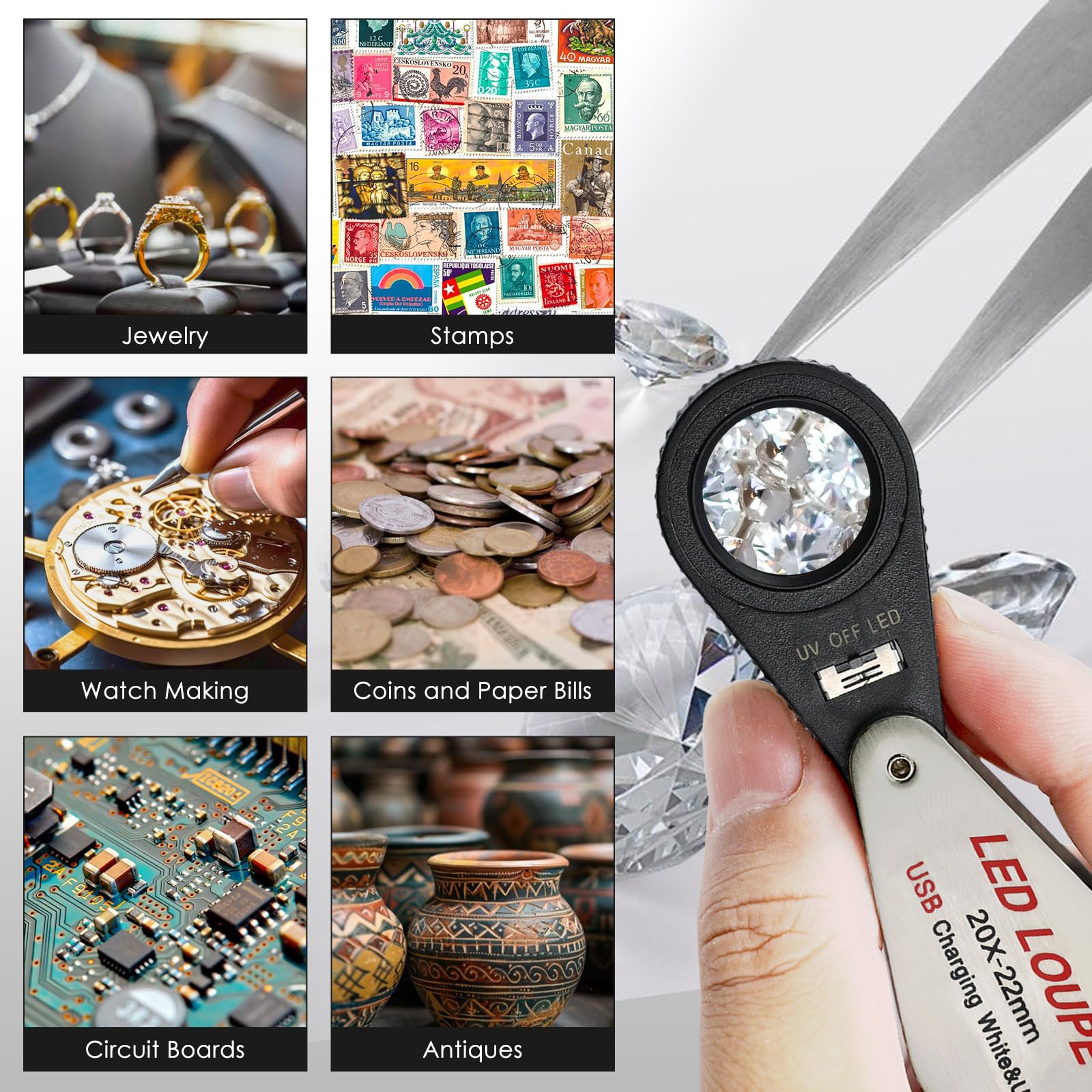 Lupa de 20 aumentos con luz LED y UV, lupa plegable de bolsillo, lupa recargable por USB para joyas, piedras, monedas