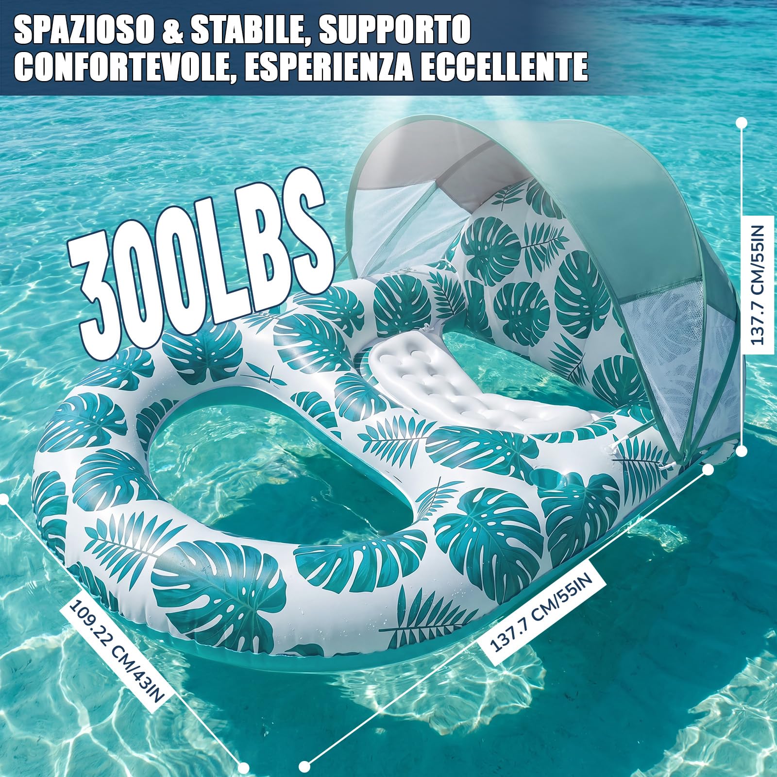 Materassino Gonfiabile Abbronzante, Inflatable Tanning Pool con Parasole Rimovibile Piscina Doppio Grande Adulti con Portabevande e Schienale per Piscina Estiva in Spiaggia
