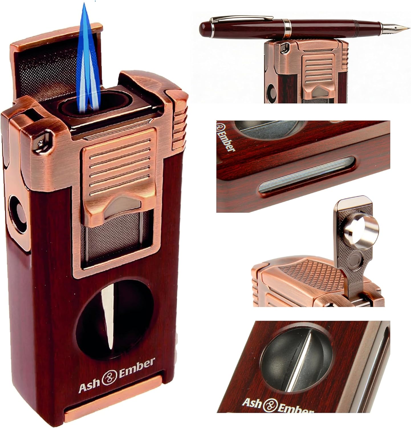 “Woody“ Cigar Lighter with V-Cutter & Punch – Twin Torch Butane Refillable, Windproof, Woodgrain Finish, Visible Fuel Window, Premium Gift Box for Men – Ash & Ember