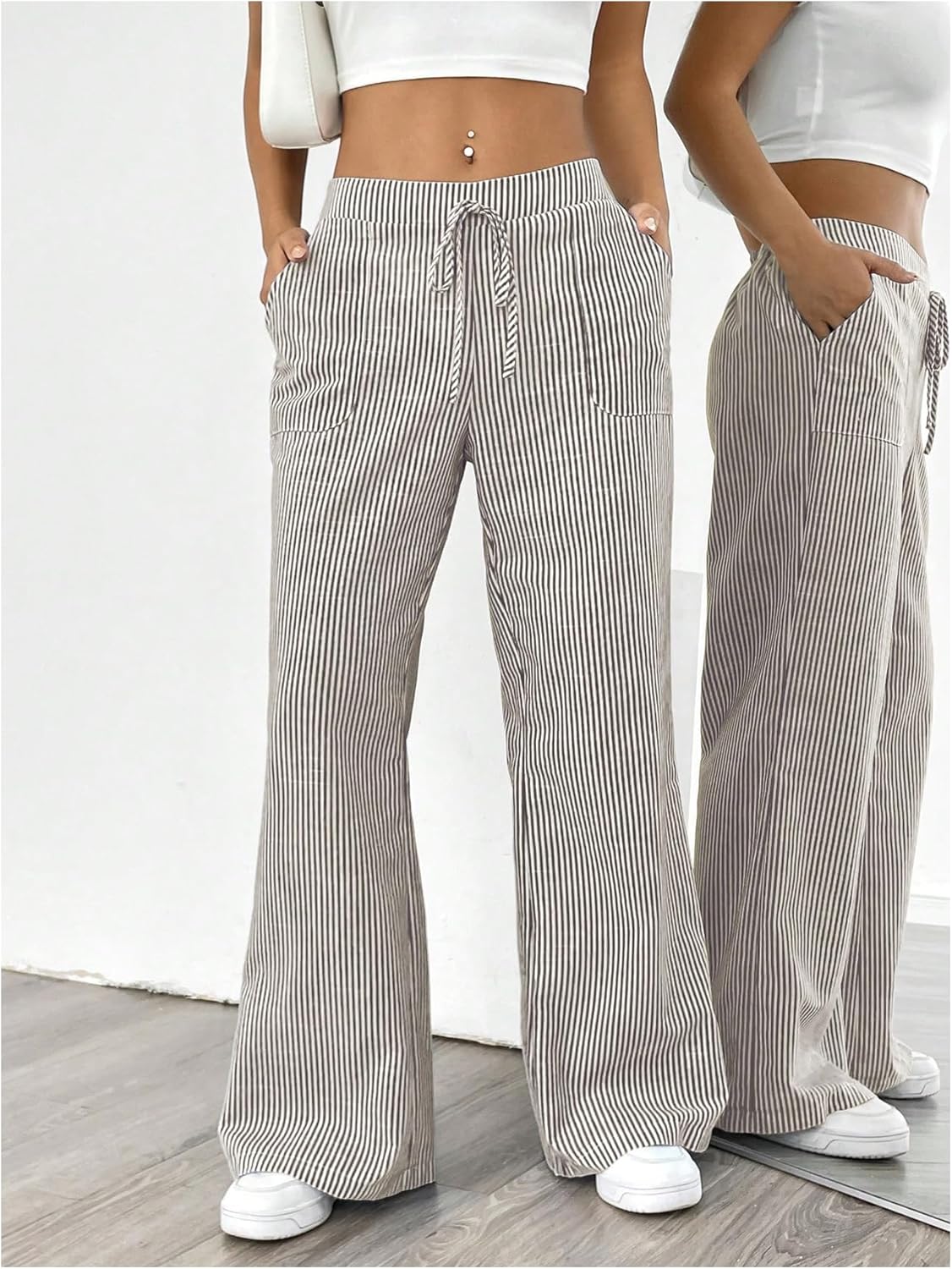 GORGLITTER Women's Y2k Striped Pants Wide Leg Cute Boho Vacation Summer Drawstring Waist Loose Long Pants - Image 4