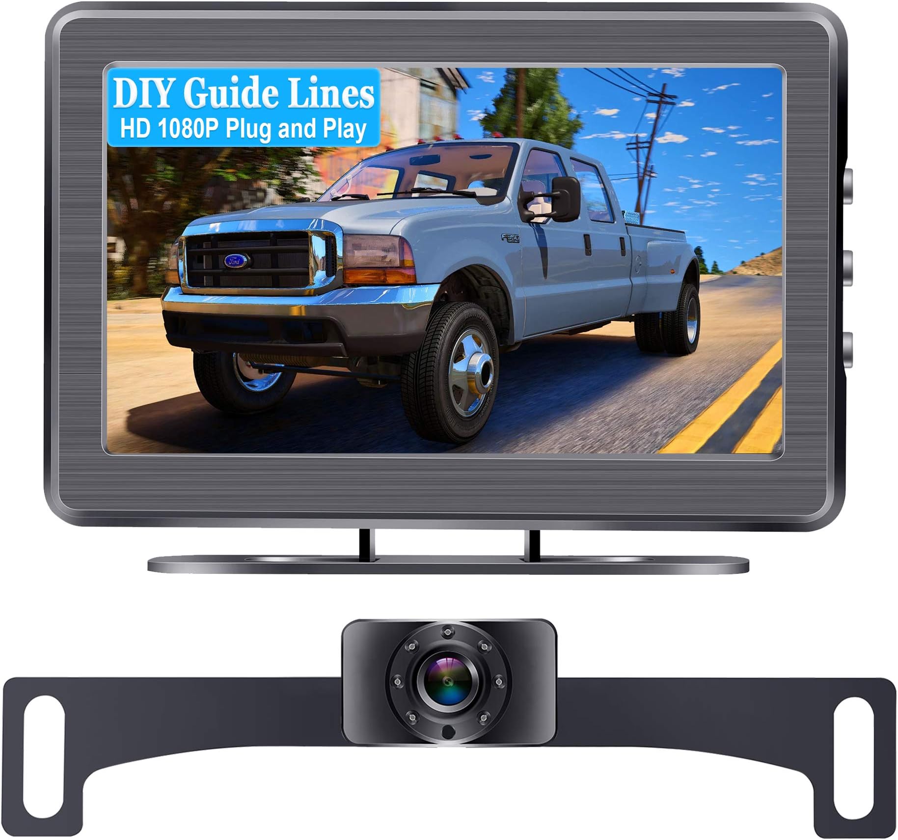 AMTIFOEmmako backup Camera and 4.3'' display Monitor Kit Waterproof License Plate rear view camera system wire a single power Rear view or Fulltime View optional with Night Vision for Car vehicle