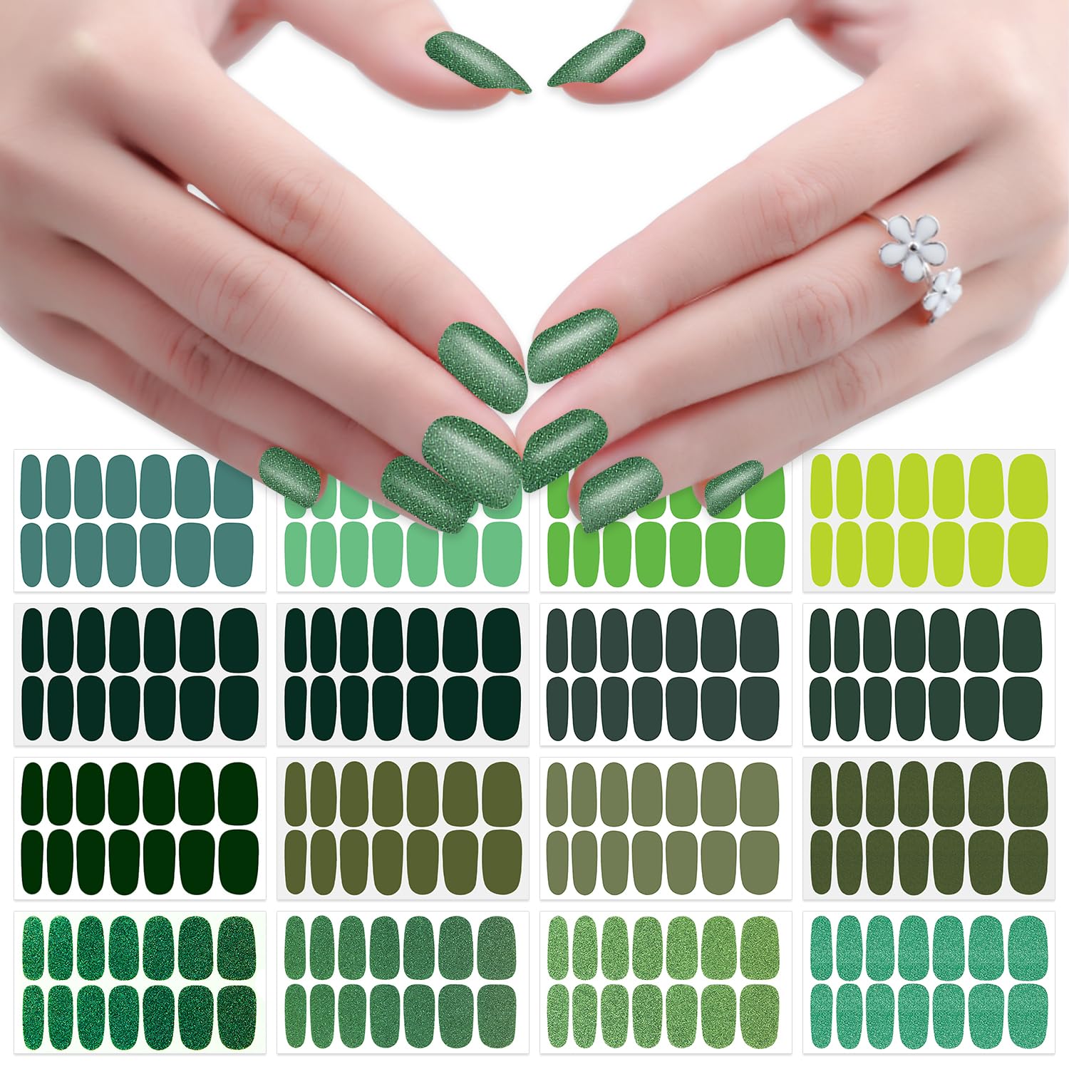 JERCLITY 16 Sheets St. Patrick's Day Nail Wraps for Short Nails Green Solid Color Nail Polish Strips with Nail File Self-Adhesive Holiday Nail