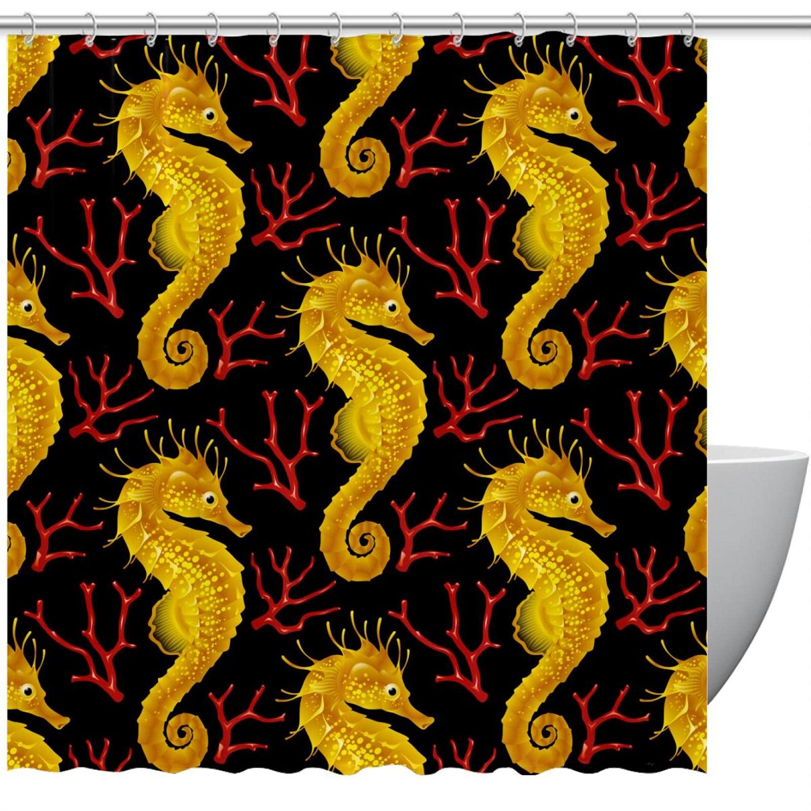 Rideau de douche corail rouge Golden Seahorse pour baignoire 150x180 cm avec 12 crochets