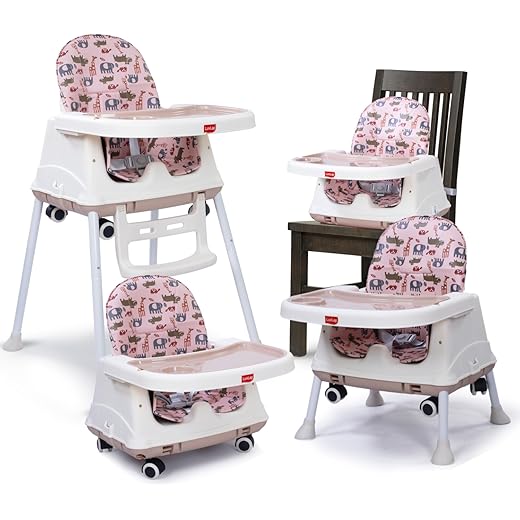 LuvLap High Chair for Baby/Kids, Toddler Feeding Booster Seat with Wheels, 3 Height adjustments, With Cushion, 6 month to 3 years, Portable (Pink)