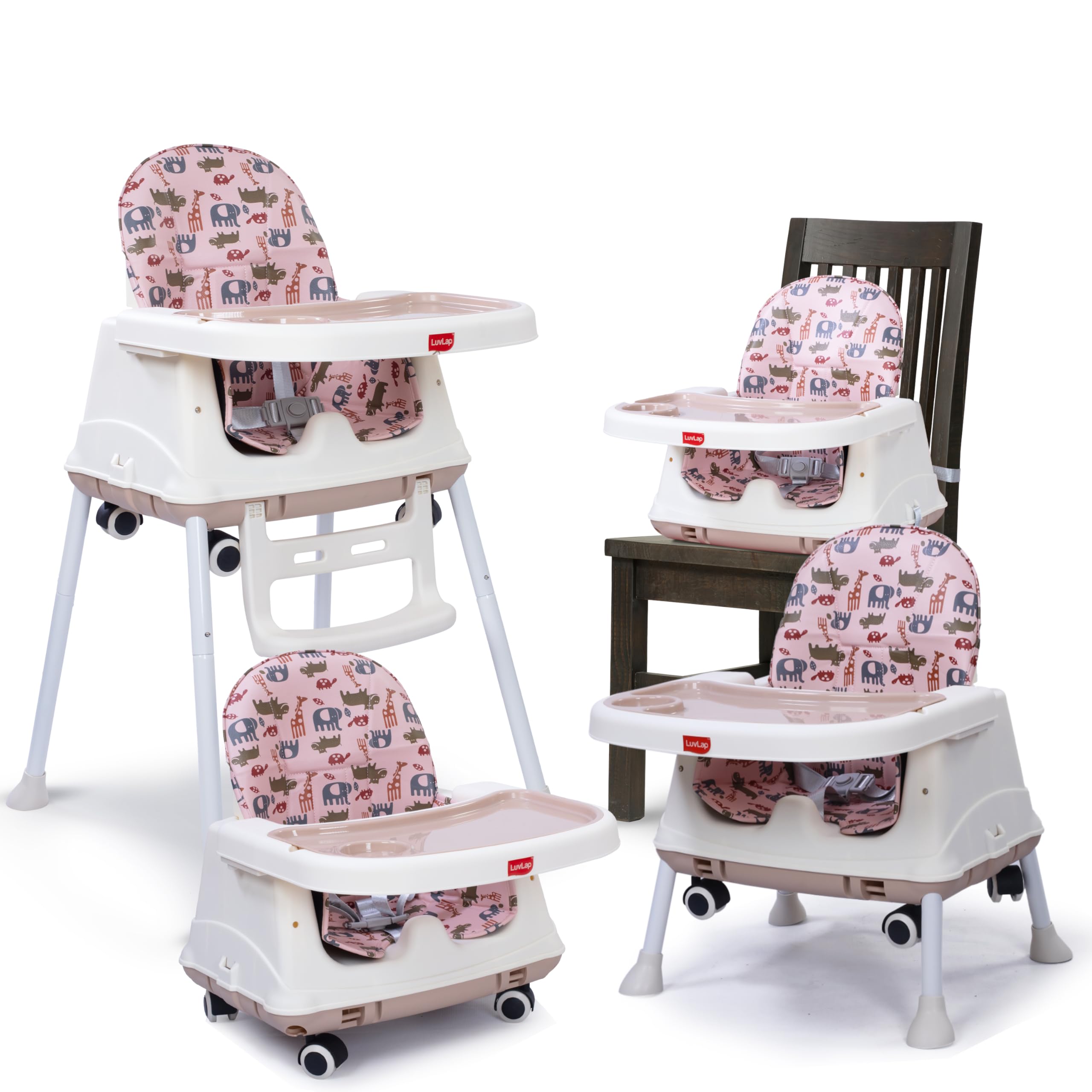 LuvLap High Chair for Baby/Kids, Toddler Feeding Booster Seat with Wheels, 3 Height adjustments, With Cushion, 6 month to 3 years, Portable (Pink)