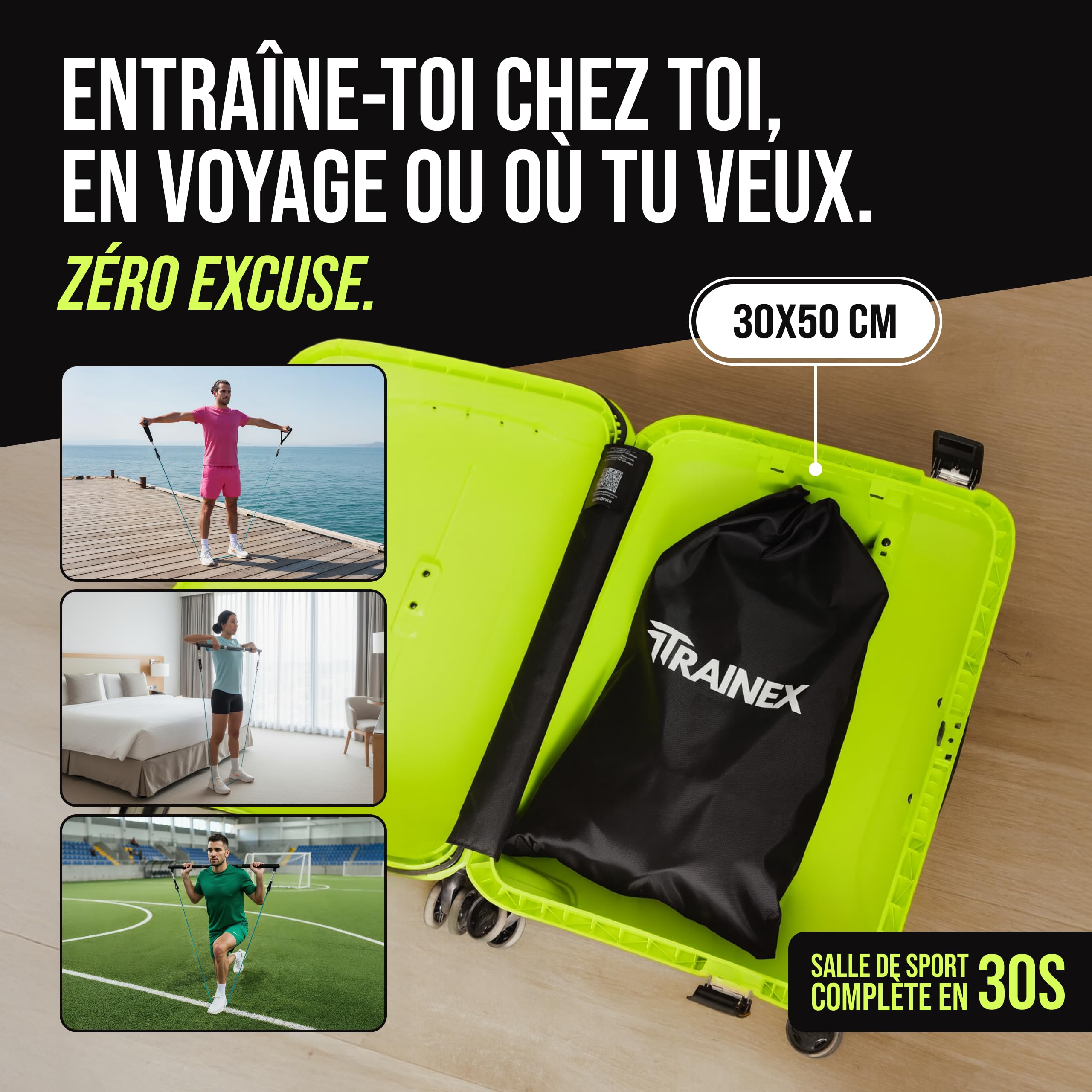 Élastiques de Musculation avec Barre | Bandes de résistance Jusqu’à 100 kg | Kit Musculation Maison Compact | Entraînement Efficace à Domicile | TRAINEX