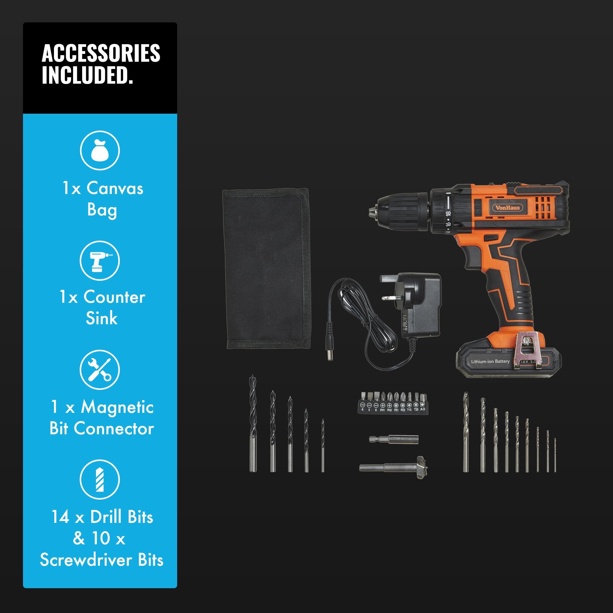 VonHaus Cordless 18V Drill Driver with 1500mAh Liion Battery, Charger