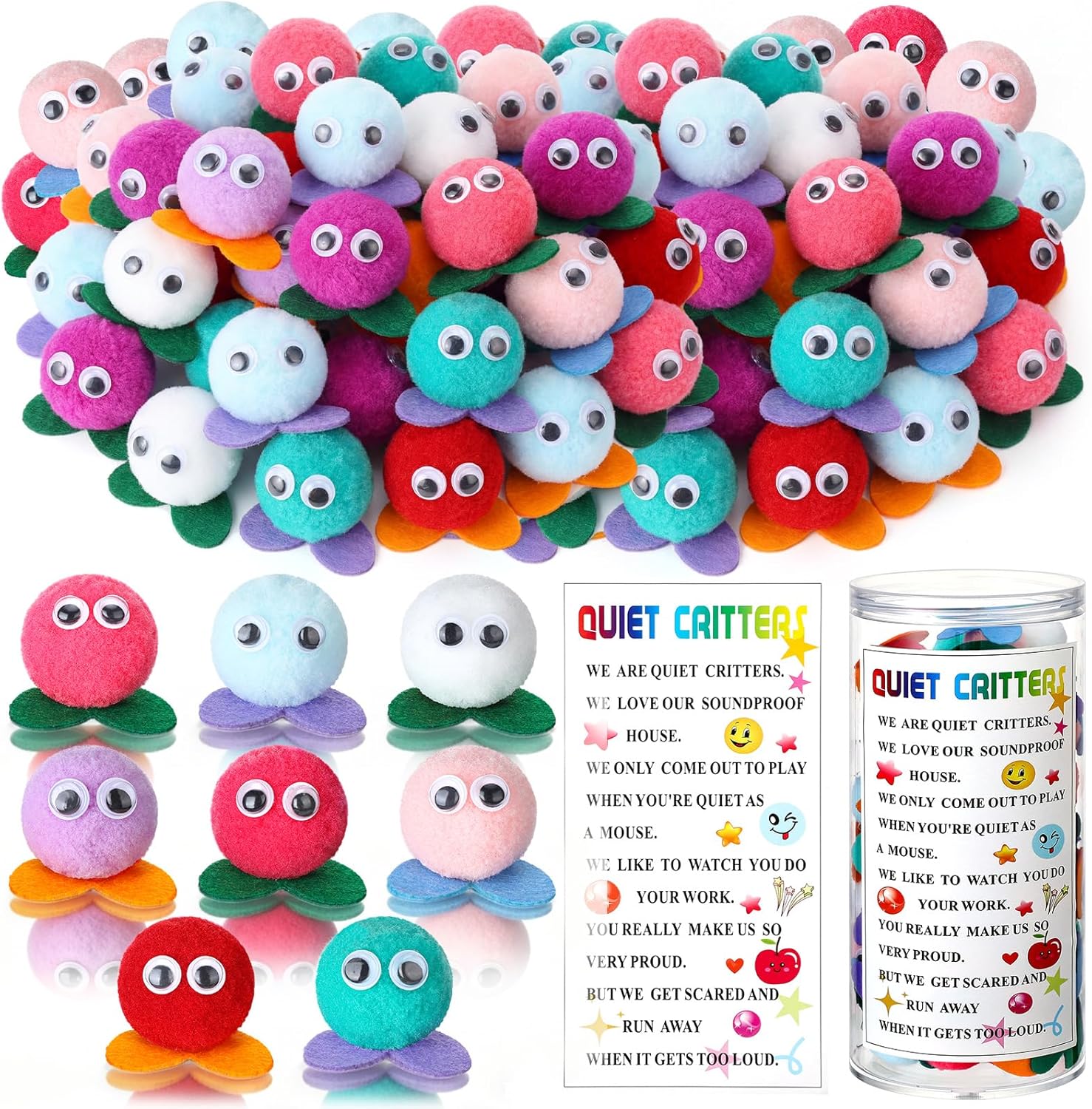 100 PCS Multicolor Pom Poms Critters with Plastic Jar Quiet Critters Classroom Management, Behavior Classroom Management Tool, Homeschooling, Educational and Learning Activities