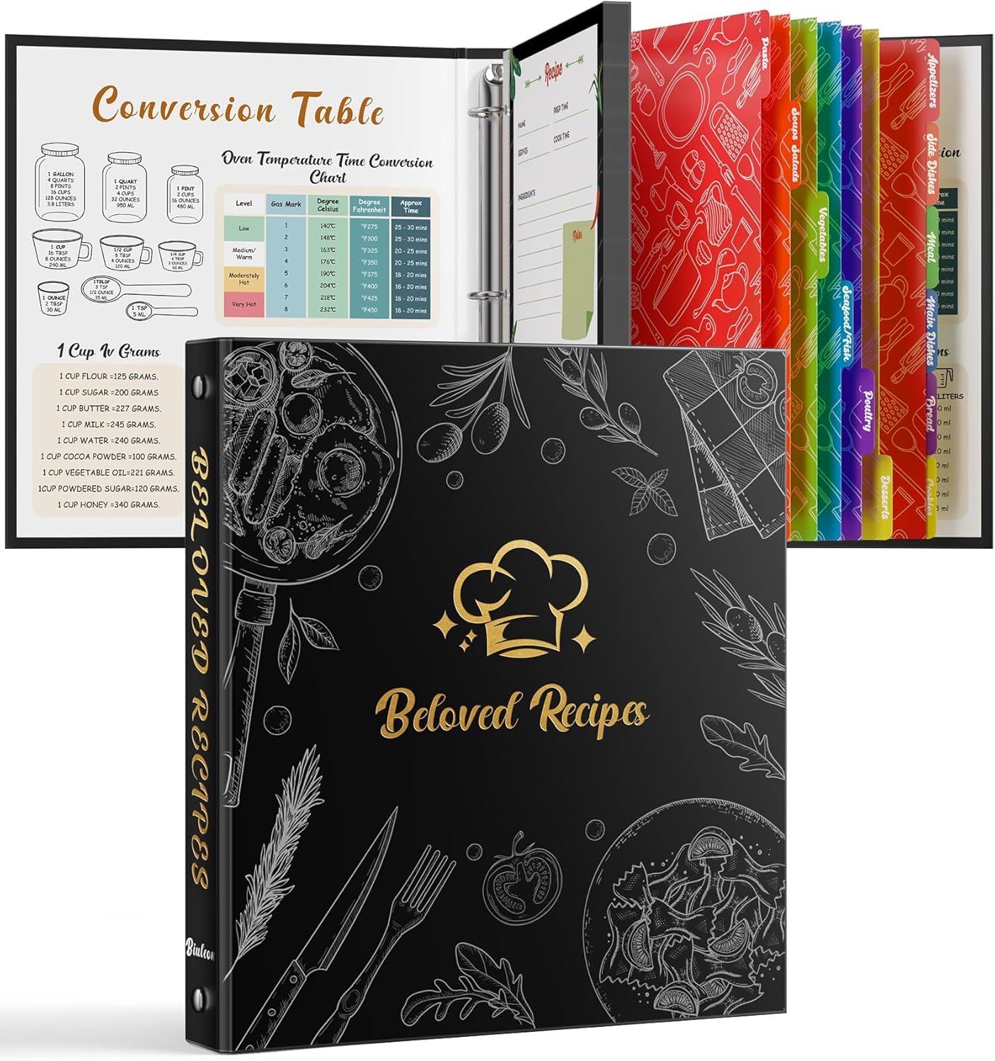 BiuLeon Recipe Binder 8.5x11 3-Ring Waterproof Organizer with 50 Sleeves, 30 Cards, Dividers & Labels - Blank Recipe Book