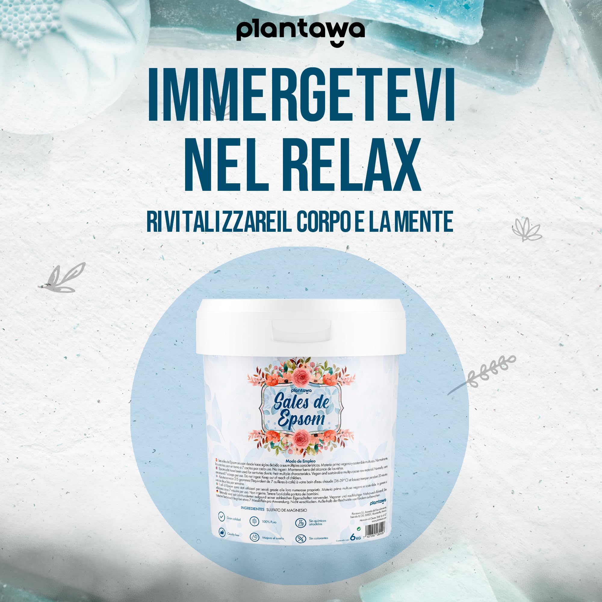 PLANTAWA Sale di Epsom 6kg | Sali da Bagno Rilassanti con Solfato di Magnesio Puro | Relax Muscolare, Cura della Pelle e Benessere Naturale | Bagno Rilassante e Schiumoso | Senza Tossine e Additivi