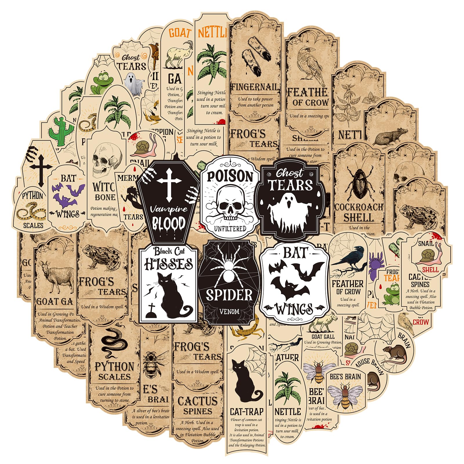 122 Pcs Halloween-Bottle-Labels,Potion Bottle Labels Halloween Bottle and Jar Labels for Halloween Party Supplies Decor, Envelope Stickers,61 Styles