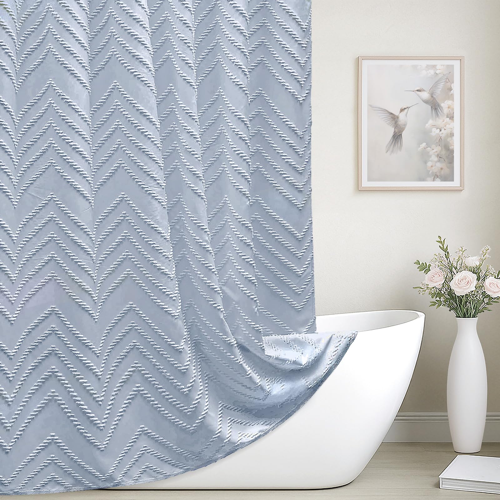 Light Blue Boho Fabric Shower Curtain Tufted Chevron Striped Textured Cloth Curtains for Bathroom, Fog Blue