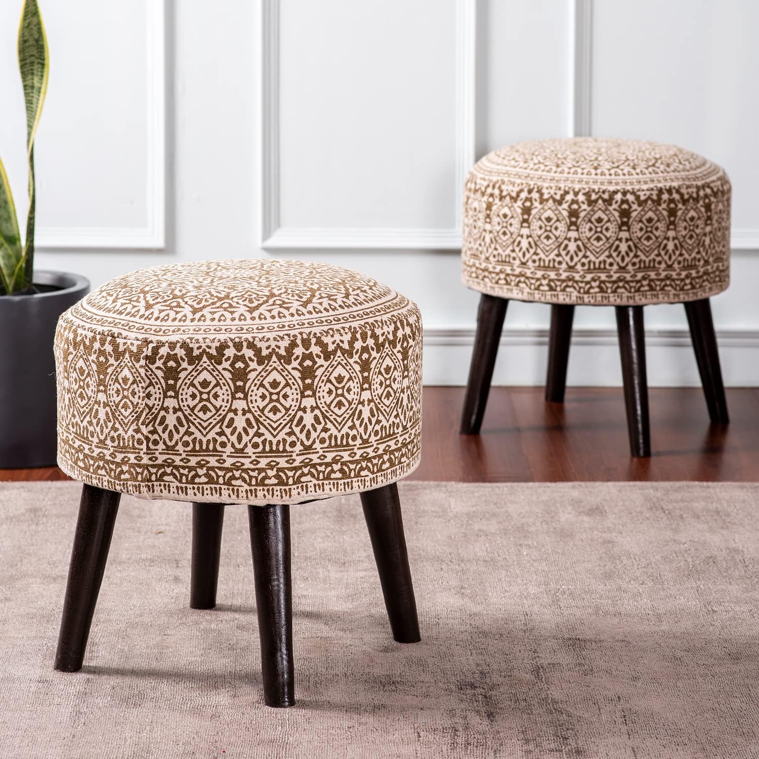 - nestroots Set of 2 Wooden Ottoman Stools for Living Room | Printed Pouffes for Sitting, Foot Rest with 4 Wooden Legs | 17 Inch Height, Yellow | Stylish & Comfortable Furniture for Home Dรฉcor