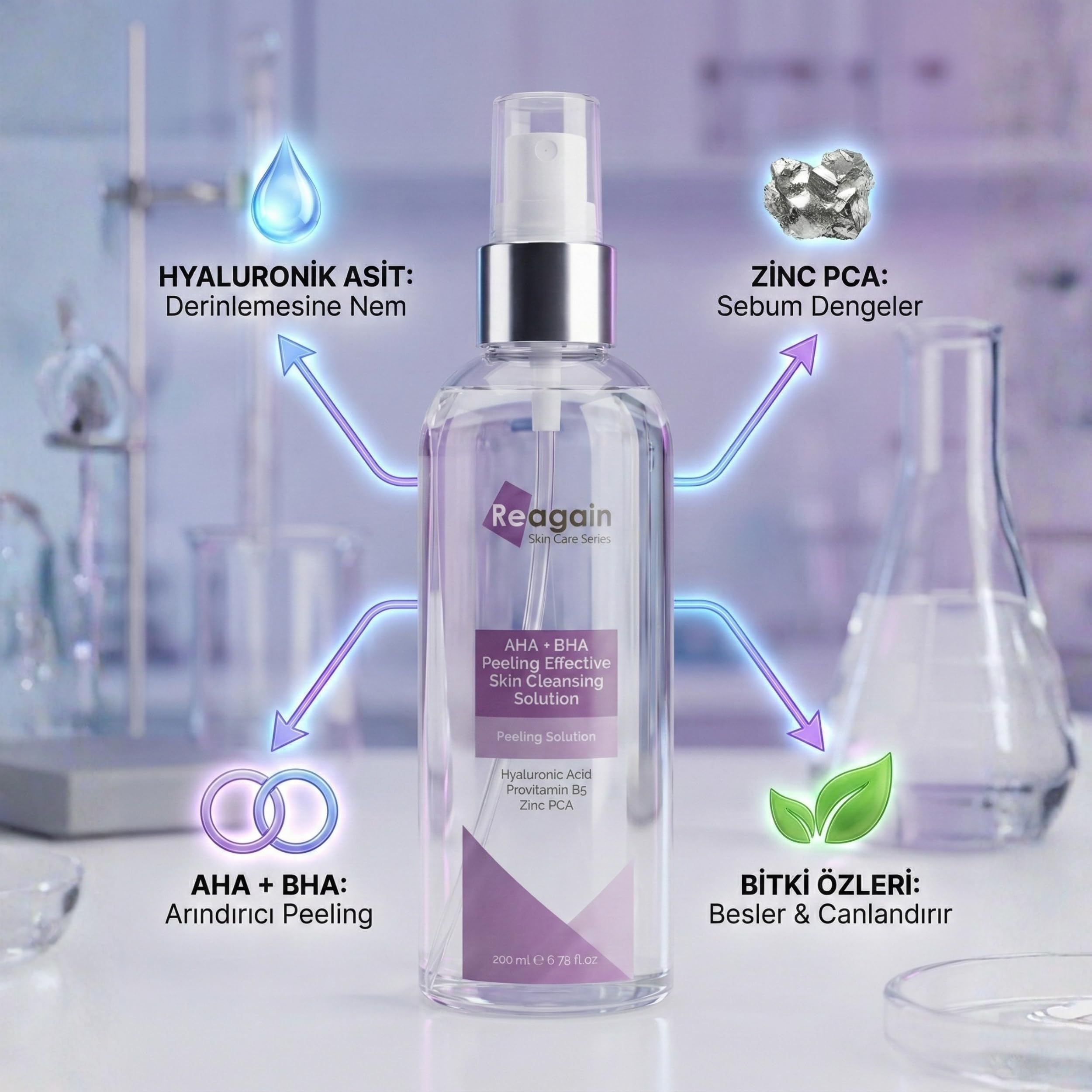 Reagain AHA BHA Peeling Etkili Cilt Temizleme Tonik - Glikolik Asit, Salisilik Asit, Laktik Asit, Hyaluronik Asit, Zinc PCA, Provitamin B5-200 ml (6.76 fl.oz)