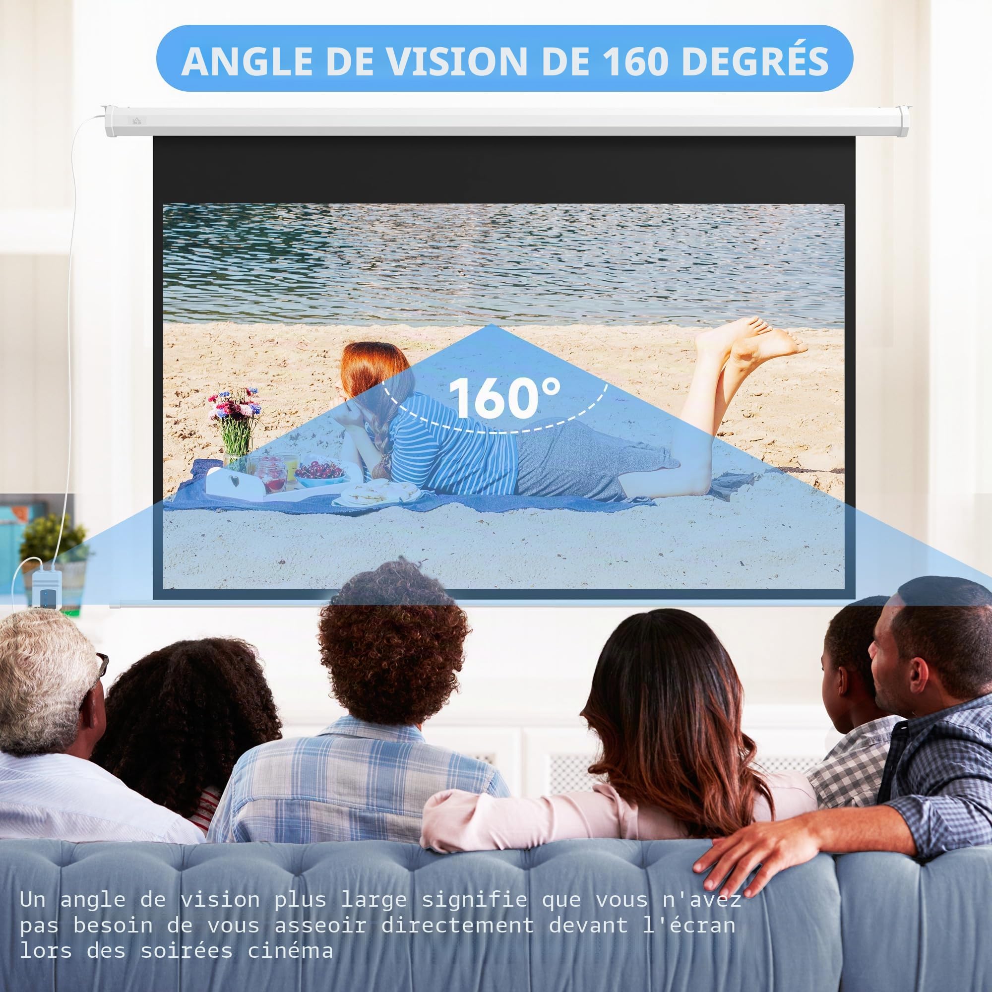HOMCOM Écran pour projecteur 84" 16:9, Toile projecteur motorisée avec télécommande, Montage Mural et Plafond, 215 x 8 x 140 cm, Blanc