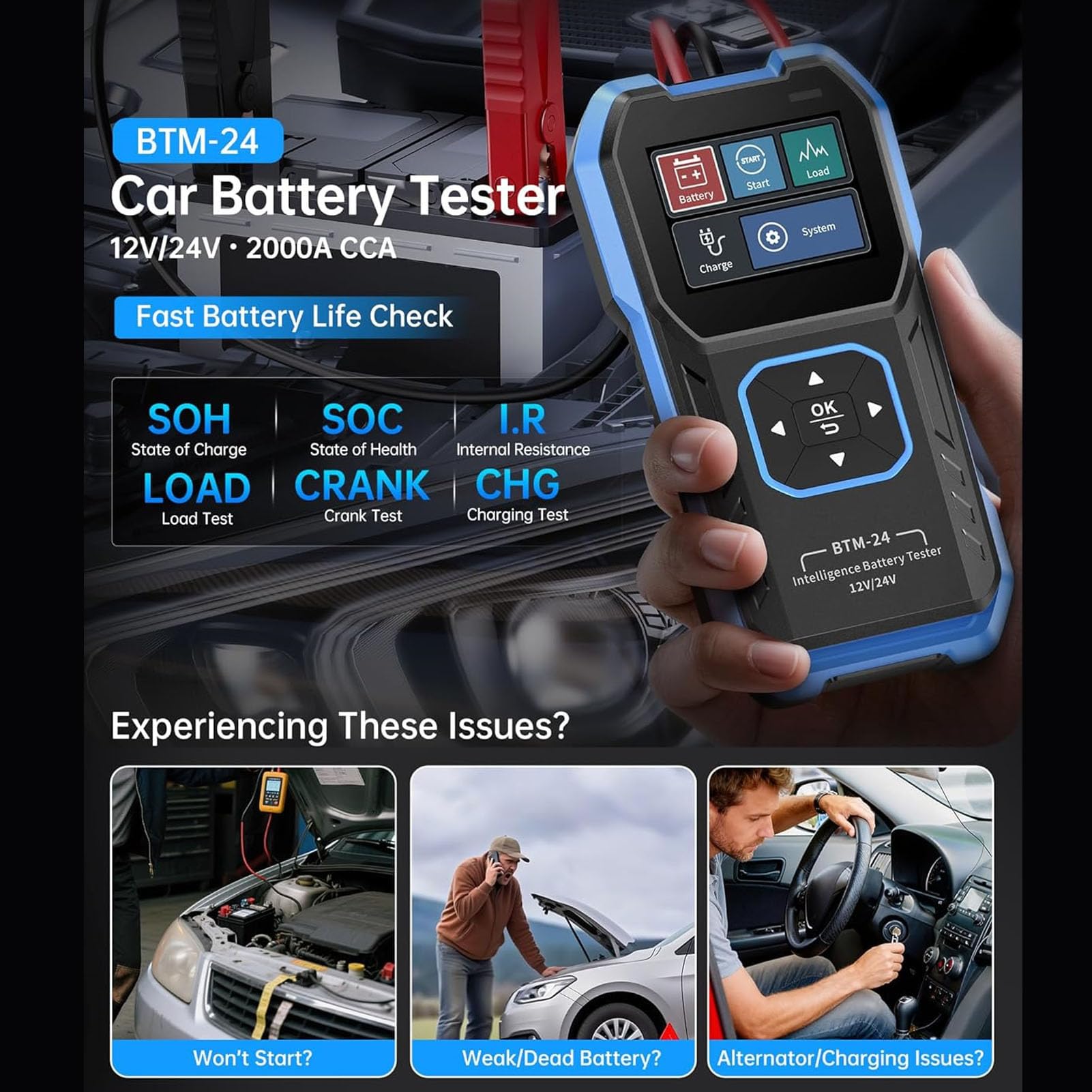 FTVOGUE Testeur de Batterie de Voiture 12V 24V, Testeur de Batterie pour