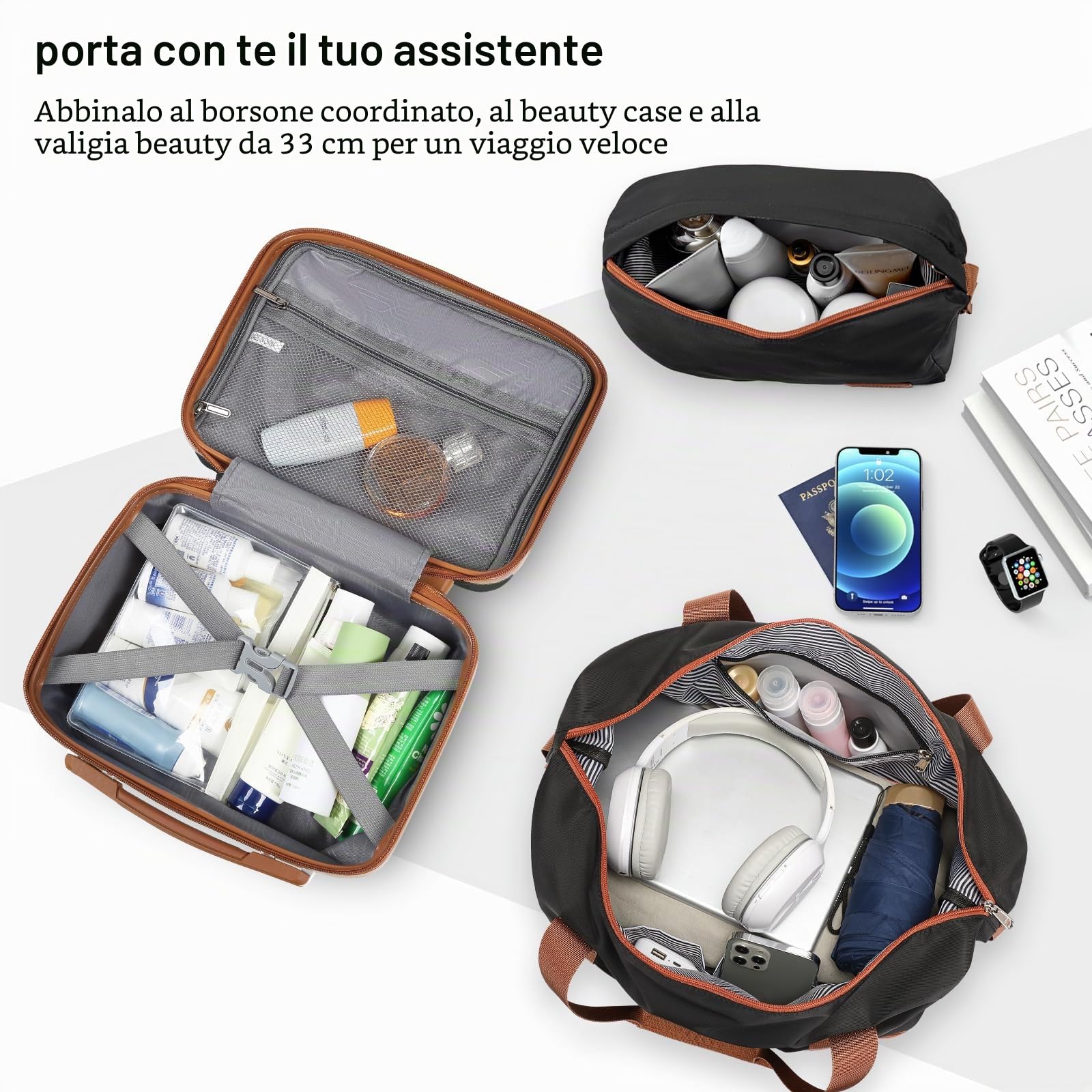 Joyway Set Valigie 6 pezzi guscio rigido ABS 4 ruote, serratura TSA, Nero | Astuccio cosmetici, borsa viaggio espandibile, borsa toilette inclusi. Valigia espandibile, cerniere YKK, ruote doppie 360°