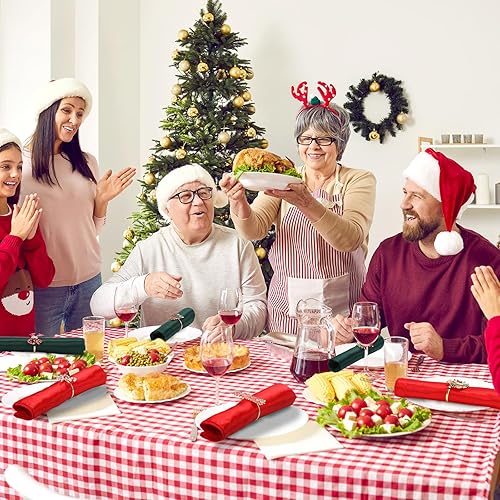 Miniatura 7 de Sliner Juego de 12 servilletas y servilleteros de tela de Navidad, 18 x 18 pulgadas, servilletas de Navidad de color rojo y verde, lavable, con alce