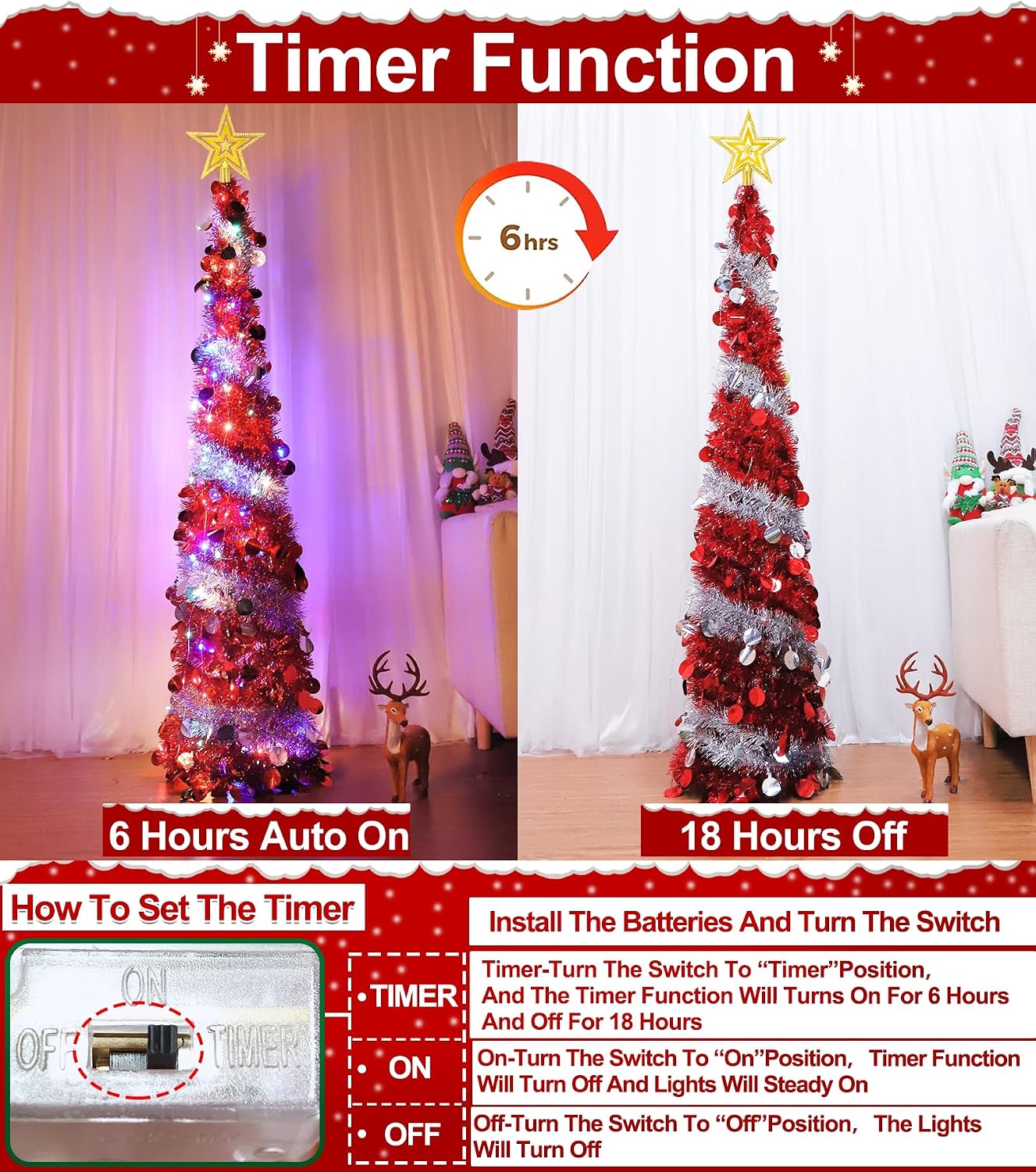 5 Ft Prelit Valentine's Day Pencil Tree Decor Timer 50 Color Lights Star Sequins Battery Operated Tinsel Pop Up Slim Artificial Xmas Tree Home Party Indoor Outdoor Valentines Decoration (Red & Sliver)