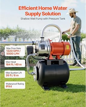 1HP/1.6HP Shallow Well Pump with 5-Gal Pressure Tank - Reliable Water Supply for Home and Garden(1HP)