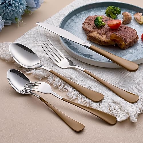 Miniatura 8 de Juego de cubiertos marrones de 20 piezas para 4, juego de cubiertos de acero inoxidable 180, incluye cuchillos, tenedores de cena, cucharas de cena,