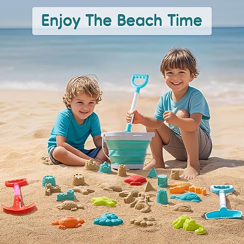 Vista 14 de Juguetes de playa para niños, el juego de juguetes de arena incluye pala de cubo de arena plegable y rastrillo de arena para playa, 12 piezas