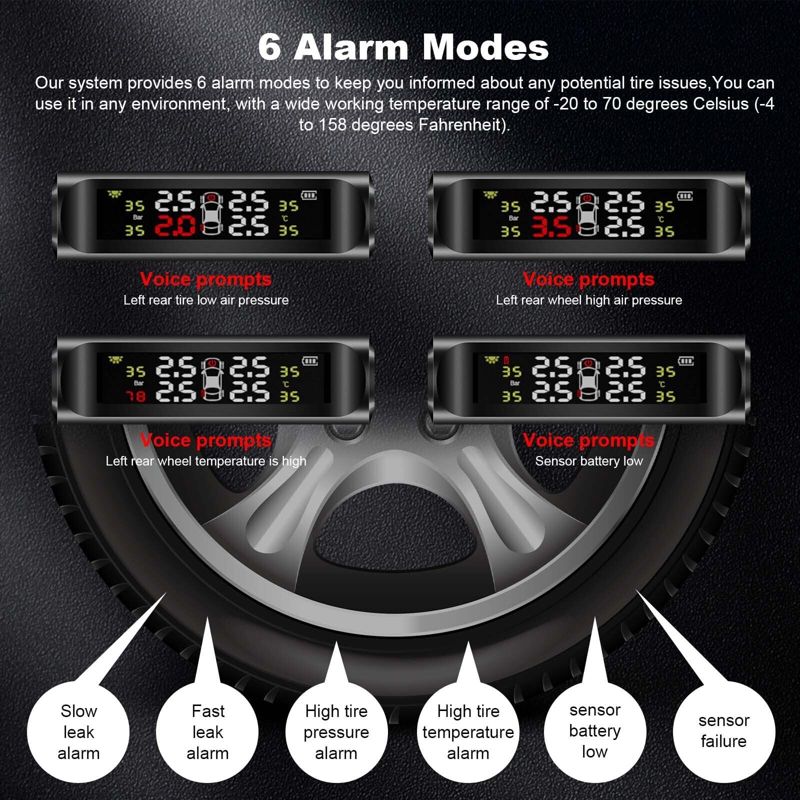 Tpms Sistema di monitoraggio della pressione degli pneumatici for auto a energia solare Sistemi di allarme di sicurezza for auto Avviso di temperatura della pressione degli pneumatici Pressione Pneuma