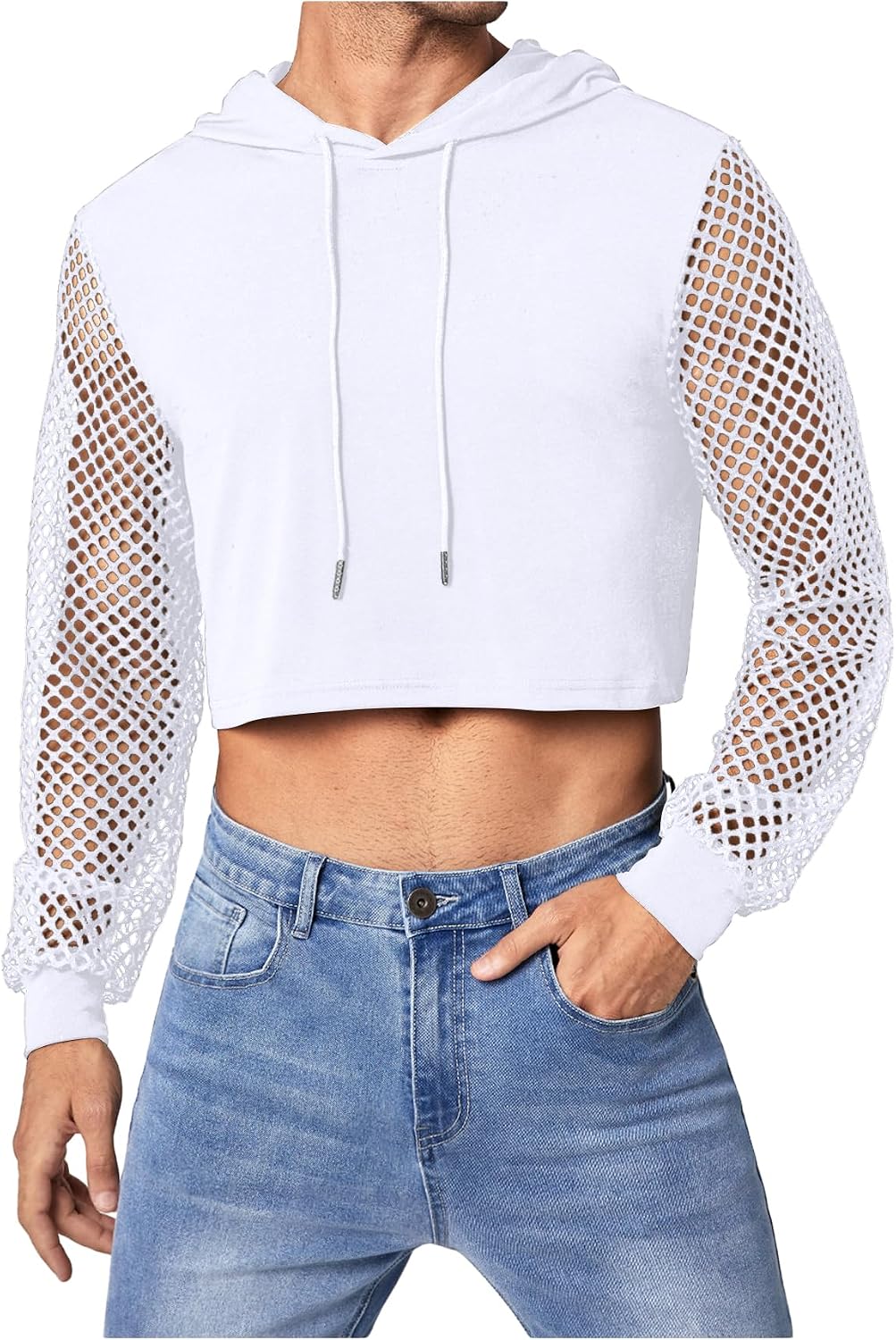 WDIRARA Men's Fishnet Mesh Long Sleeve Drawstring Crop Hoodie Sweatshirt Pullover