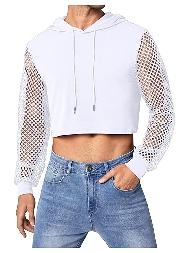 WDIRARA Men's Fishnet Mesh Long Sleeve Drawstring Crop Hoodie Sweatshirt
