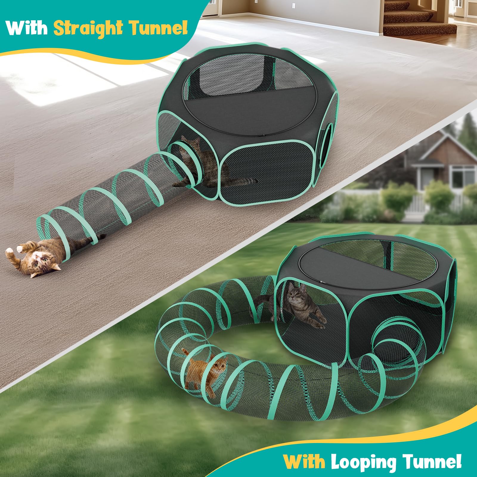 Recinto para gatos al aire libre con túnel, carpa portátil para gatos al aire libre para camping, viajes, corral exterior para gatos para animales pequeños y gatitos