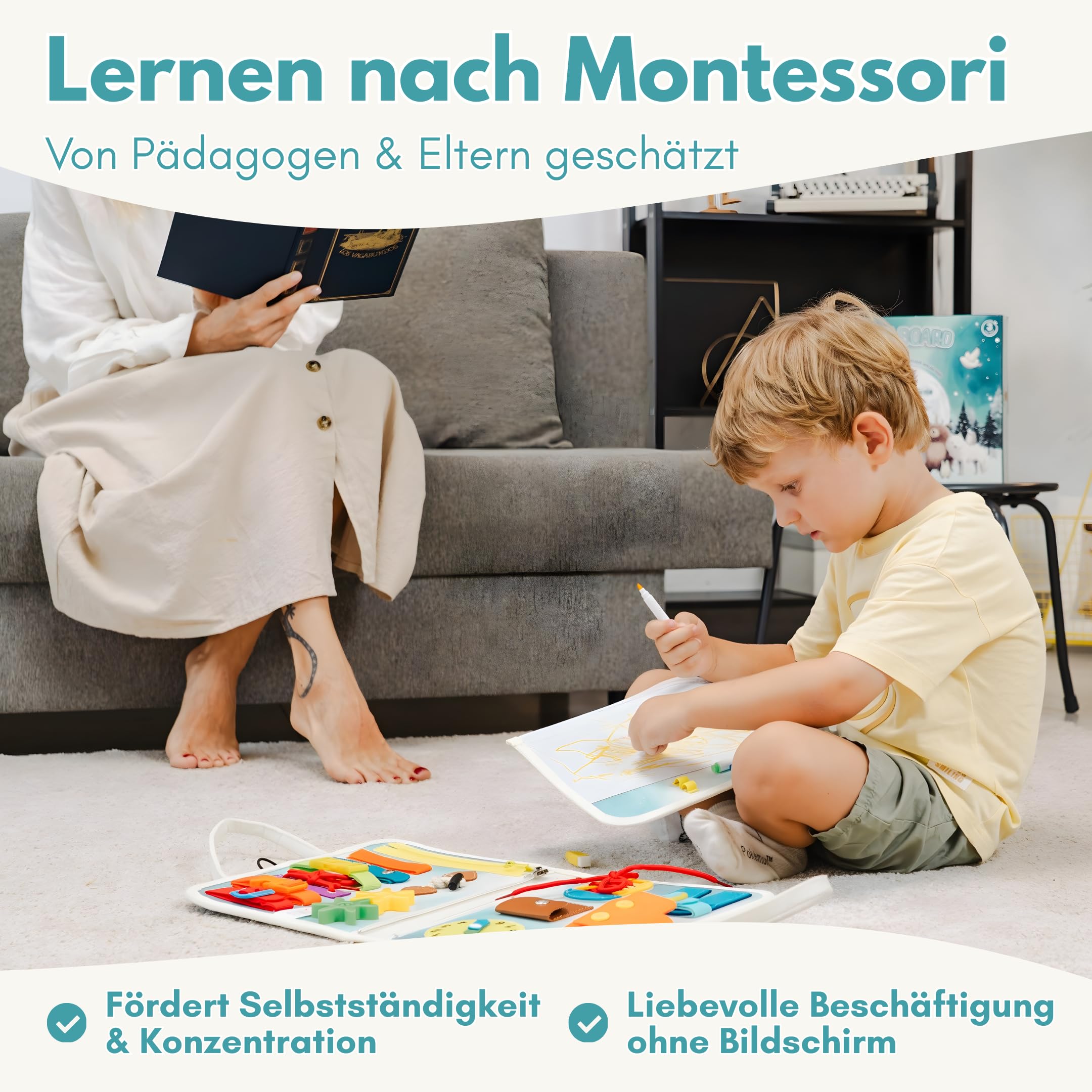 Lion’s Collection Montessori Busy Board Deutsch ab 3 Jahre – Busy Book & Activity Board für Kinder – Motorikbuch & Lernbuch – Reisespielzeug für Auto, Zug & Flugzeug