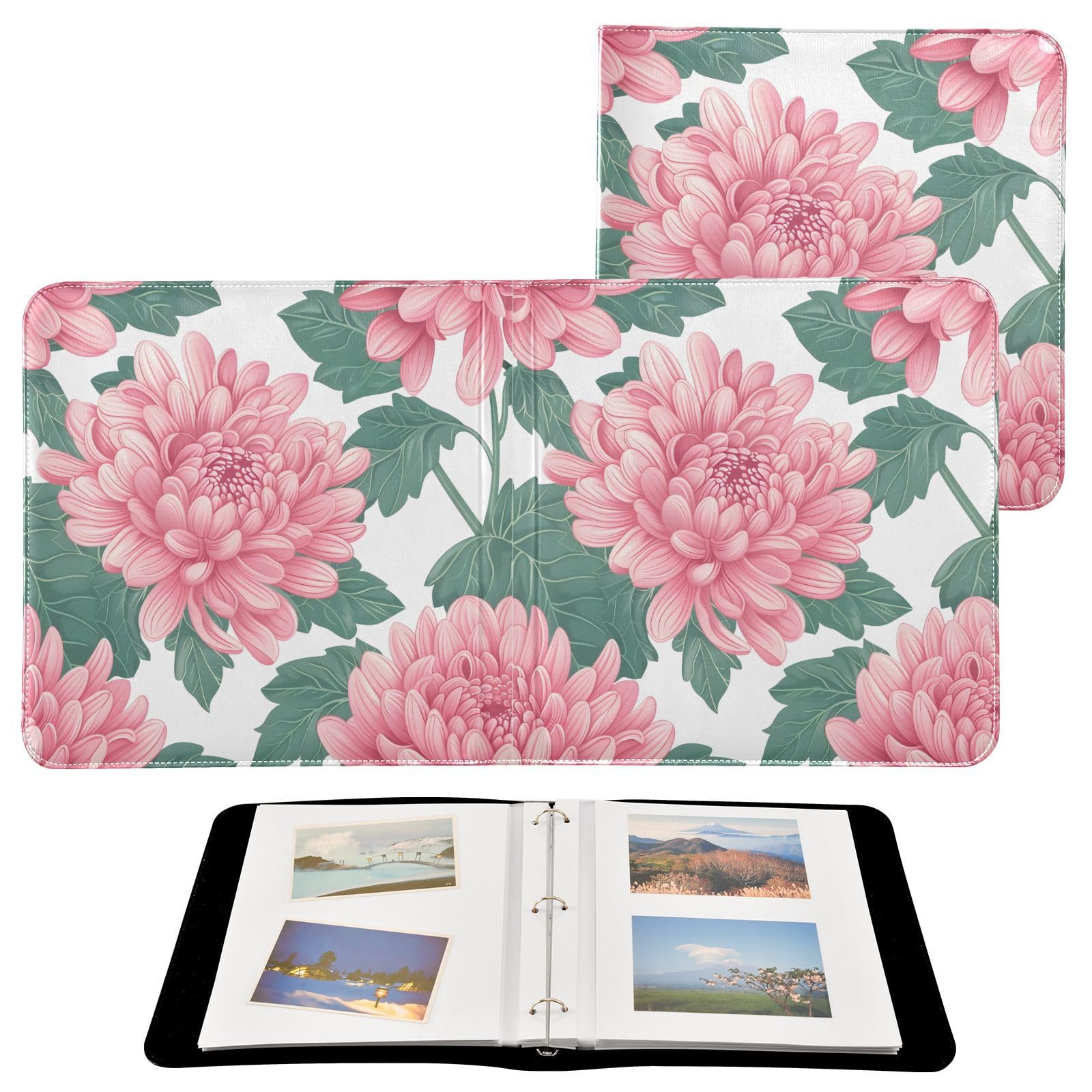 JIPONI Pink Chrysanthemum Flower Large Photo Album, DIY Leather Cover Scrapbook Albums for 4x6 5x7 6x8 Pictures, Self Adhesive Memory Book for Wedding, Baby, Family