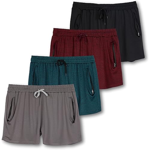 Real Essentials 4 Pack: Womens Active Athletic Performance Dry-Fit Shorts with Zipper Pockets (Available in Plus Size)