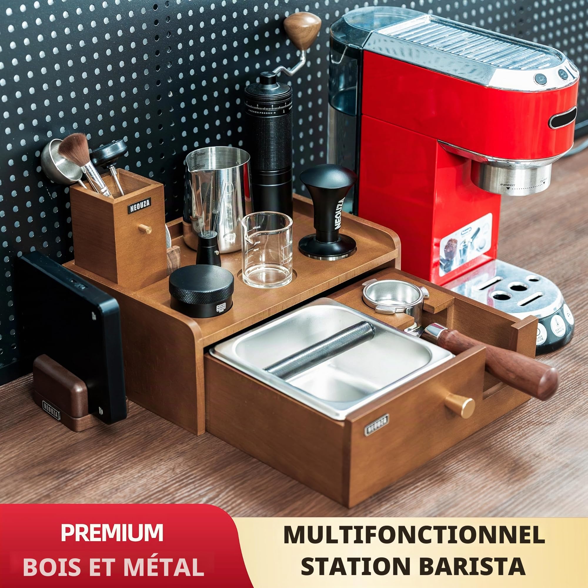 NEOUZA Station de barista multifonction | Boîte à frapper intégrée et support de tamper, tiroir amovible, organiseur en acier inoxydable en hêtre pour porte-filtres de 51/54/58 mm, domestique (54mm)