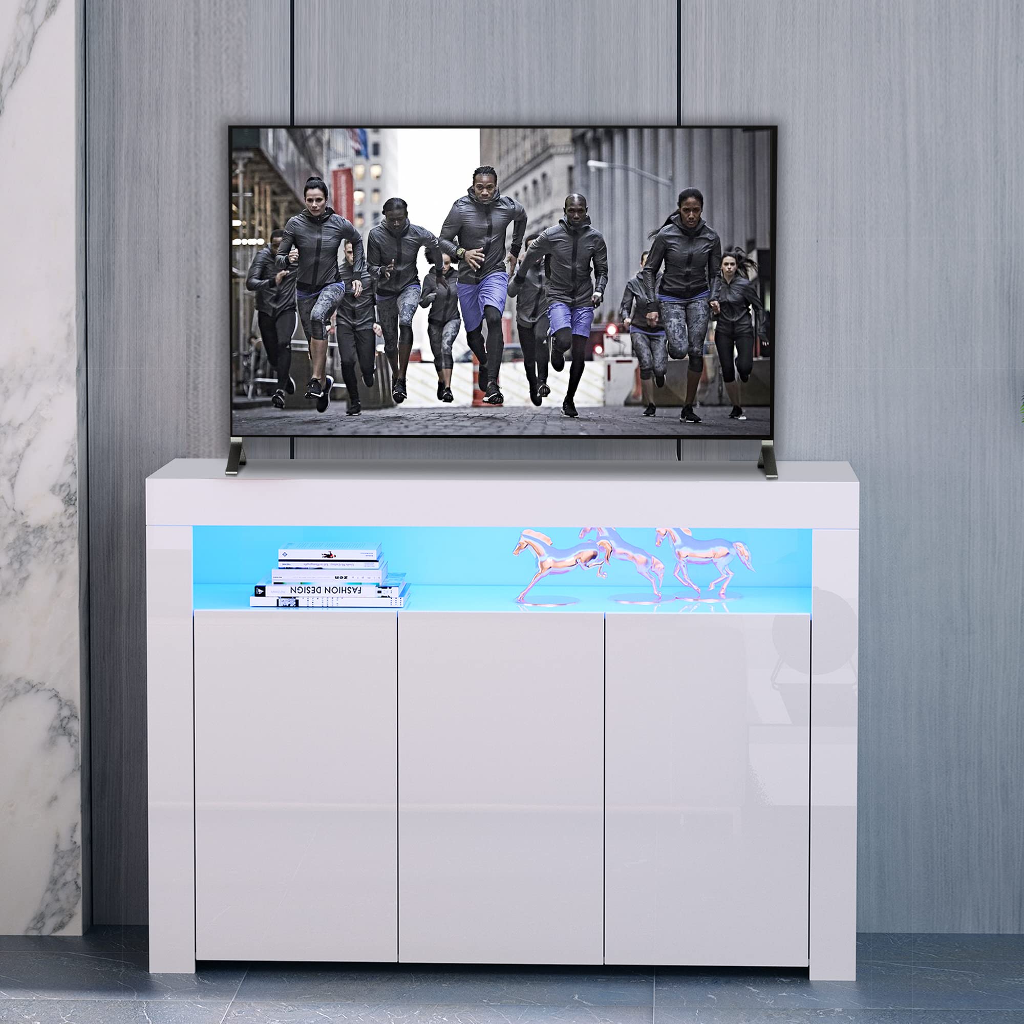 Recaceik White 16 Colors LED Lights Sideboards and Buffets with Storage, High Glossy, UV Coated, TV Stand Bar Cabinet for Living Room, Kitchen, Dining Room, White, 3 Doors